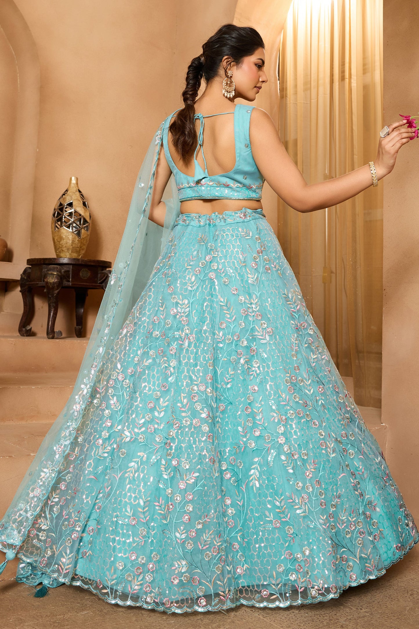 Sea Green Semi-Stitched Embroidered Net Lehenga-SAR10711_3_SareeButa.com