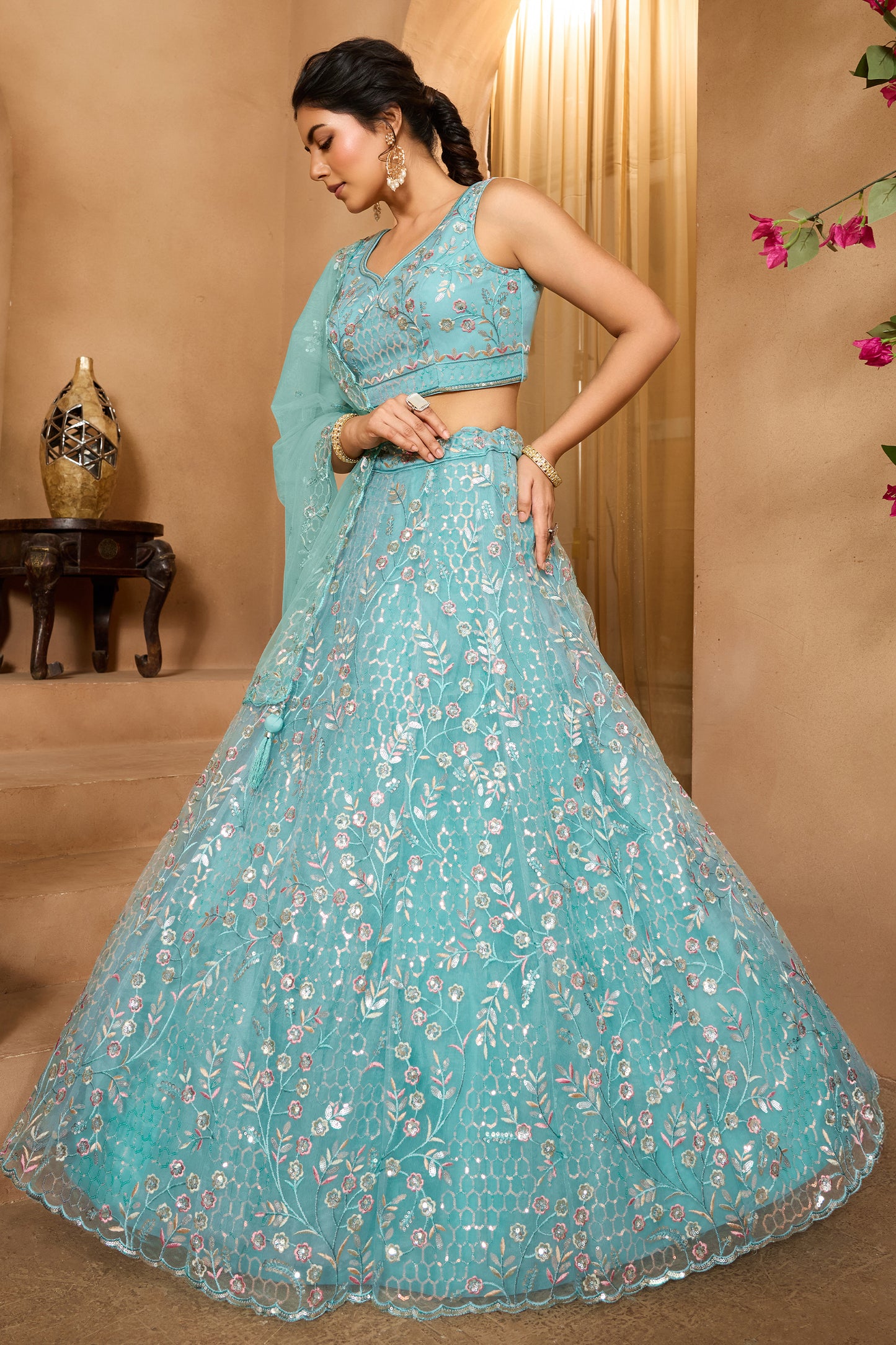 Sea Green Semi-Stitched Embroidered Net Lehenga