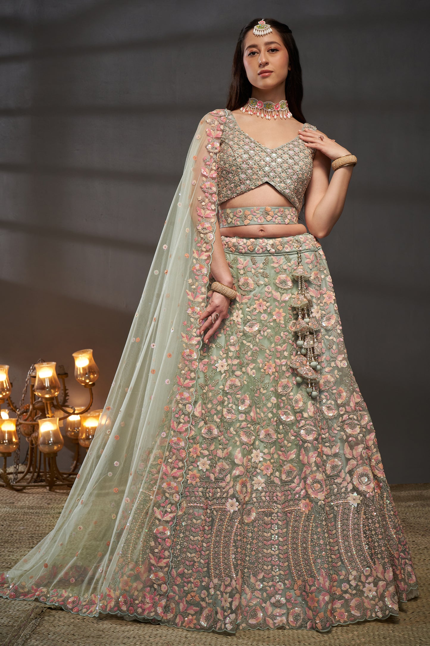 Sea Green Semi-Stitched Embroidered Net Lehenga-SAR12825_1_SareeButa.com