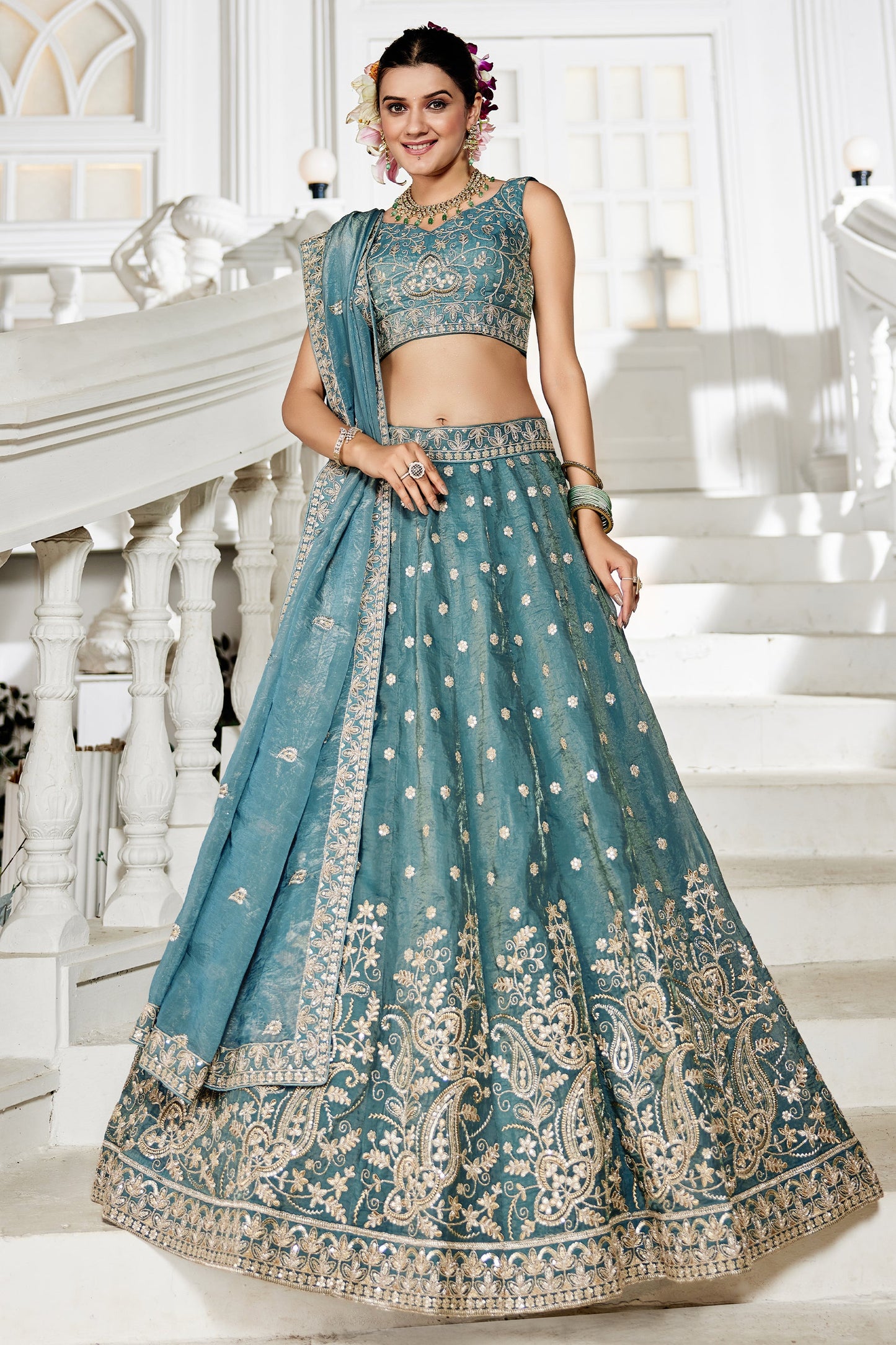 Sea Green Readymade Embroidered Tissue Silk Lehenga-SAR10070_1_SareeButa.com