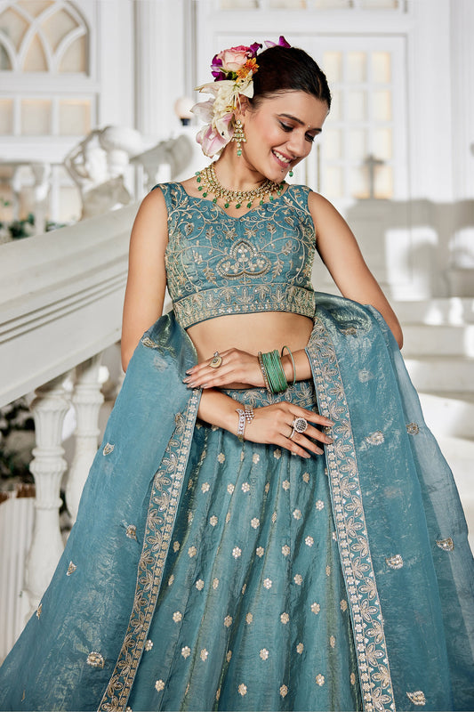 Sea Green Readymade Embroidered Tissue Silk Lehenga-SAR10070_2_SareeButa.com