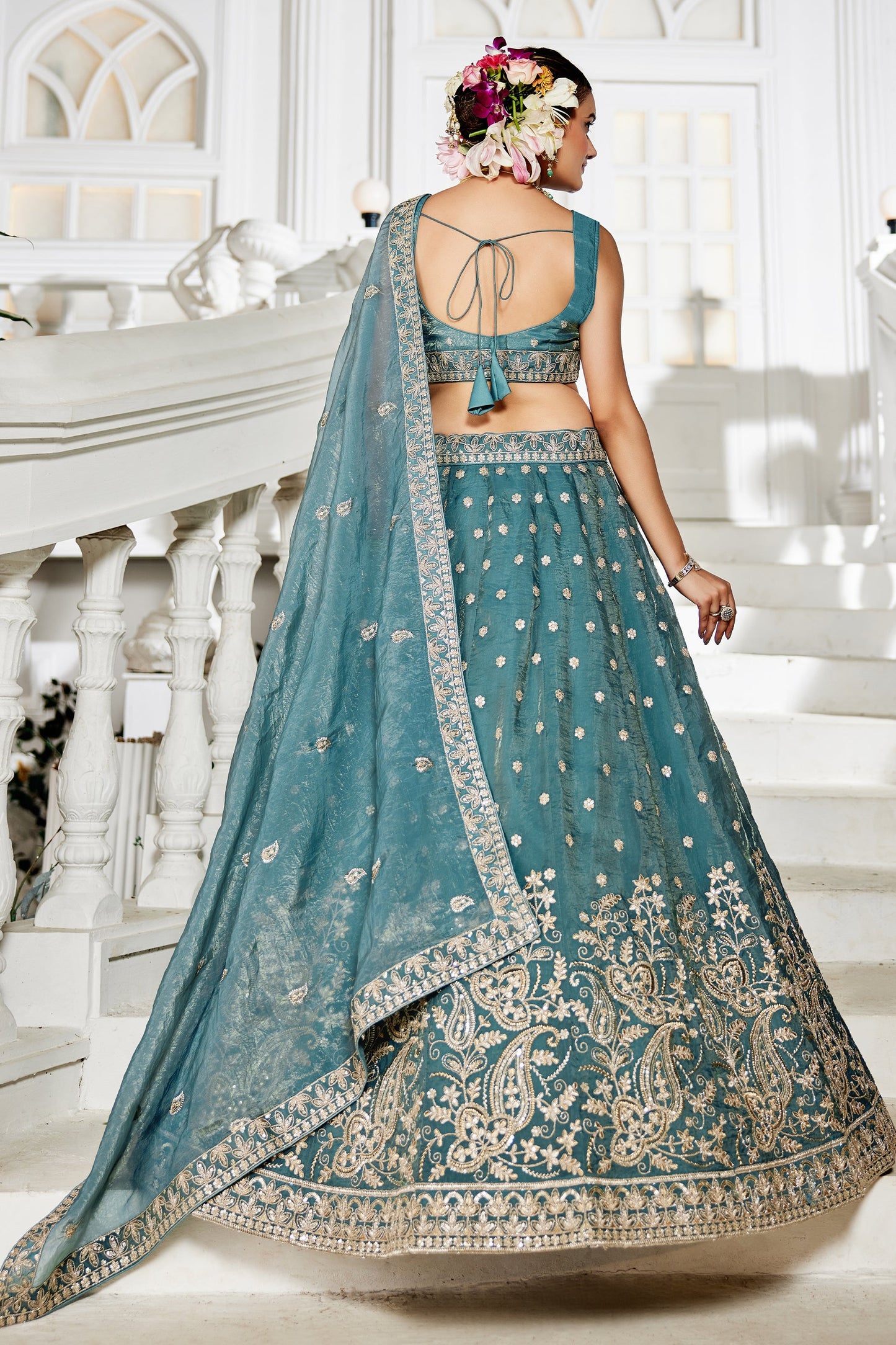 Sea Green Readymade Embroidered Tissue Silk Lehenga-SAR10070_3_SareeButa.com
