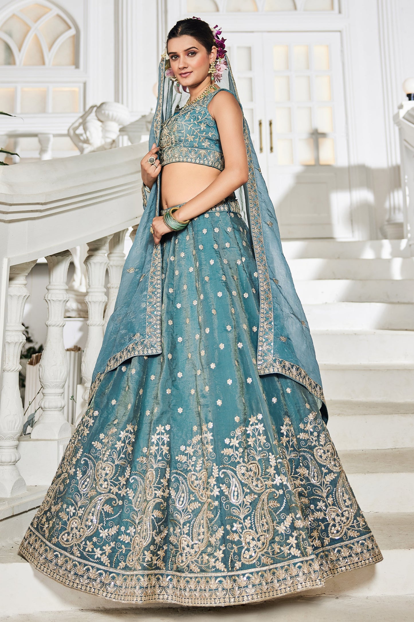 Sea Green Readymade Embroidered Tissue Silk Lehenga-SAR10070_4_SareeButa.com