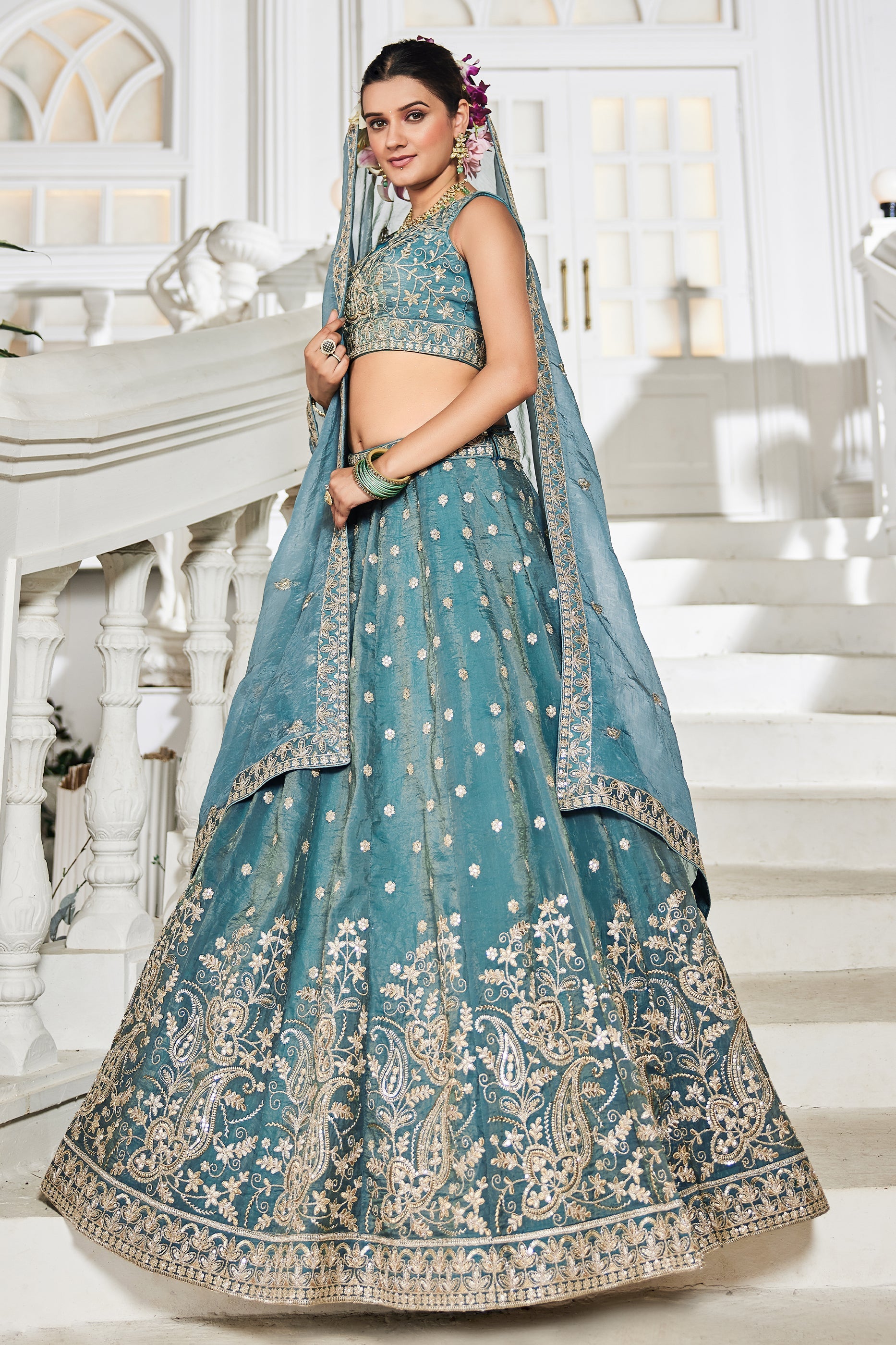 Sea Green Readymade Embroidered Tissue Silk Lehenga-SAR10070_4_SareeButa.com