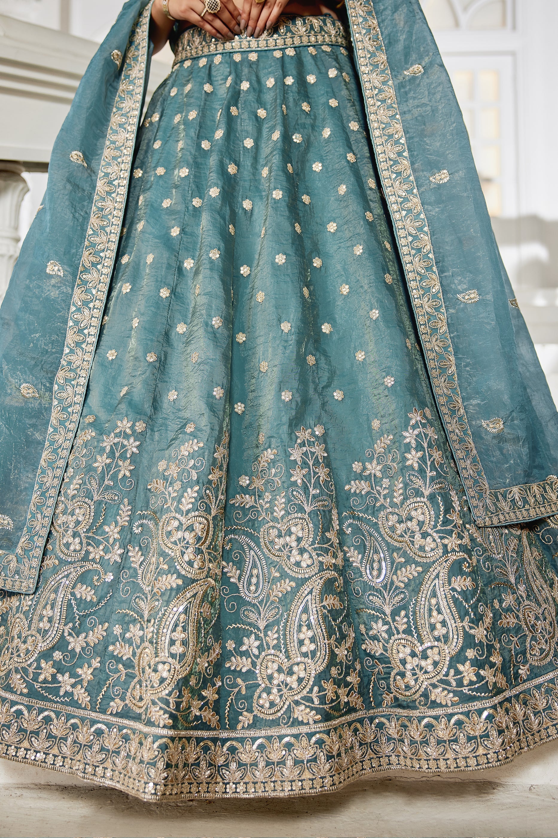 Sea Green Readymade Embroidered Tissue Silk Lehenga-SAR10070_5_SareeButa.com
