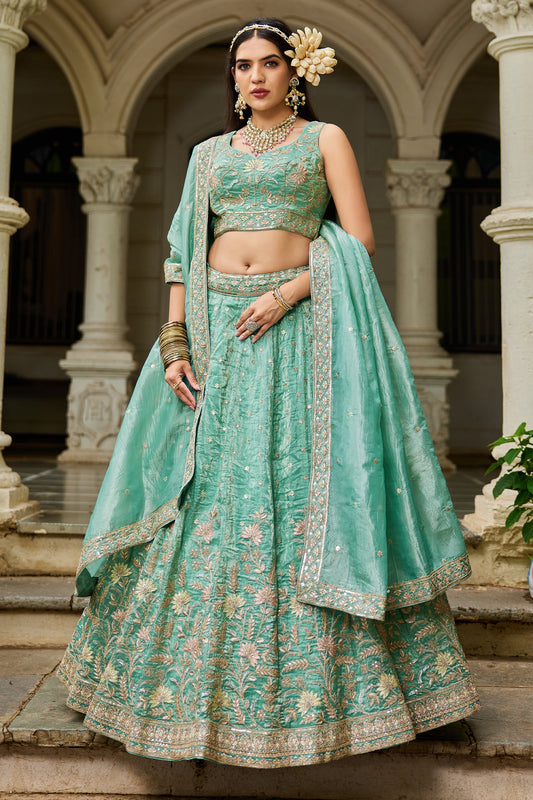 Sea Green Readymade Embroidered Tissue Silk Lehenga-SAR10073_1_SareeButa.com