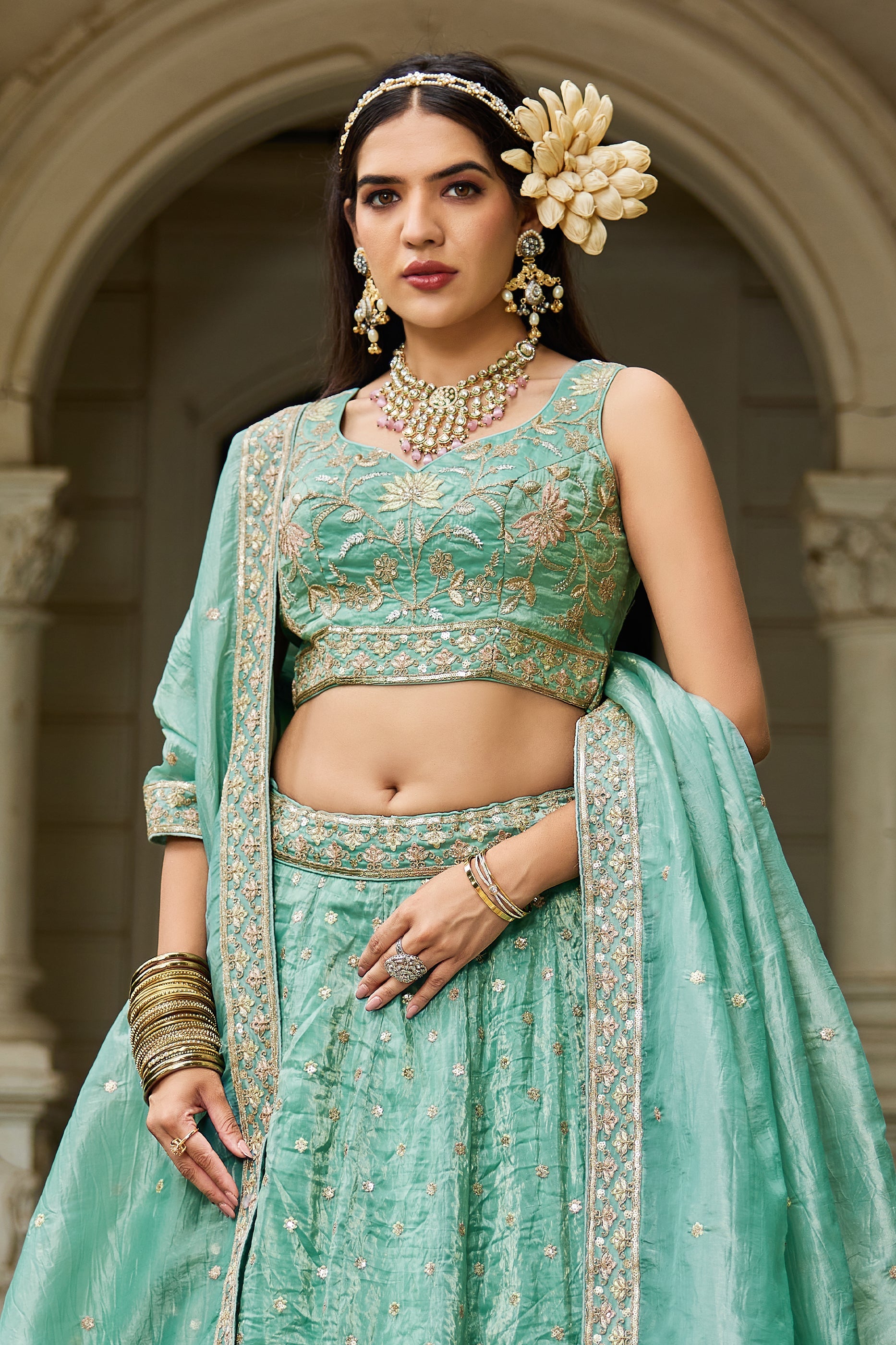Sea Green Readymade Embroidered Tissue Silk Lehenga-SAR10073_2_SareeButa.com