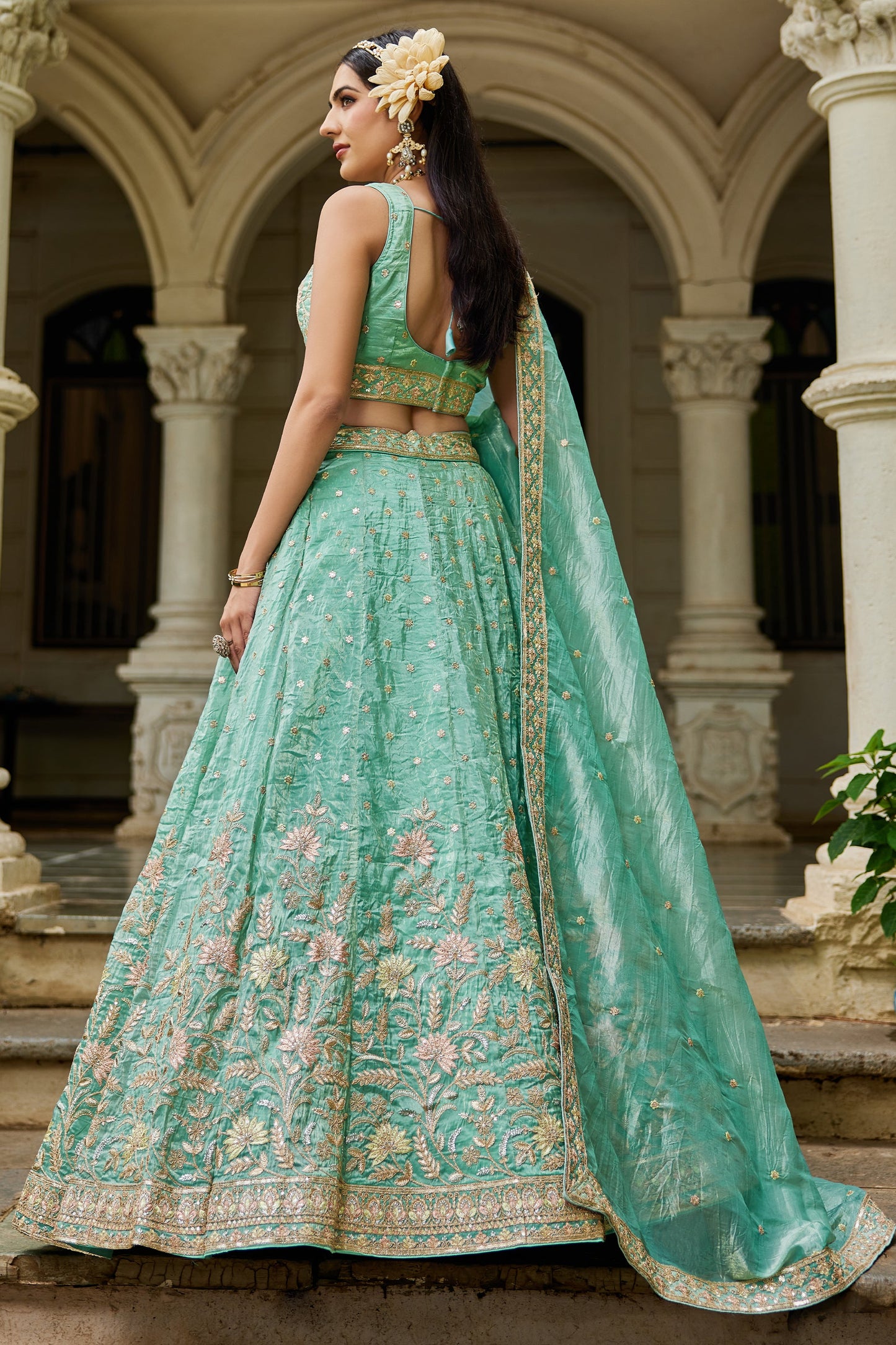 Sea Green Readymade Embroidered Tissue Silk Lehenga-SAR10073_3_SareeButa.com