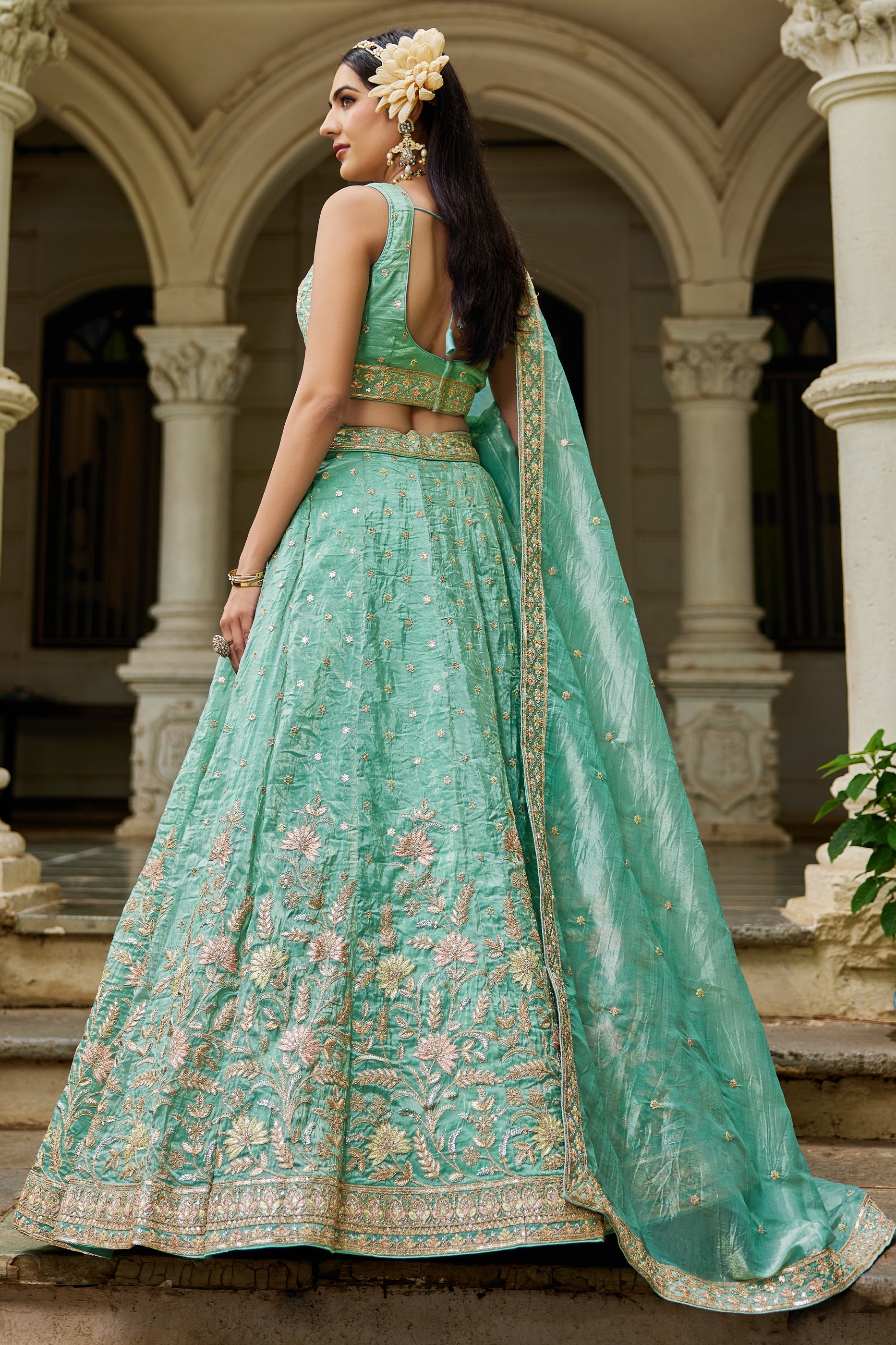 Sea Green Readymade Embroidered Tissue Silk Lehenga-SAR10073_3_SareeButa.com