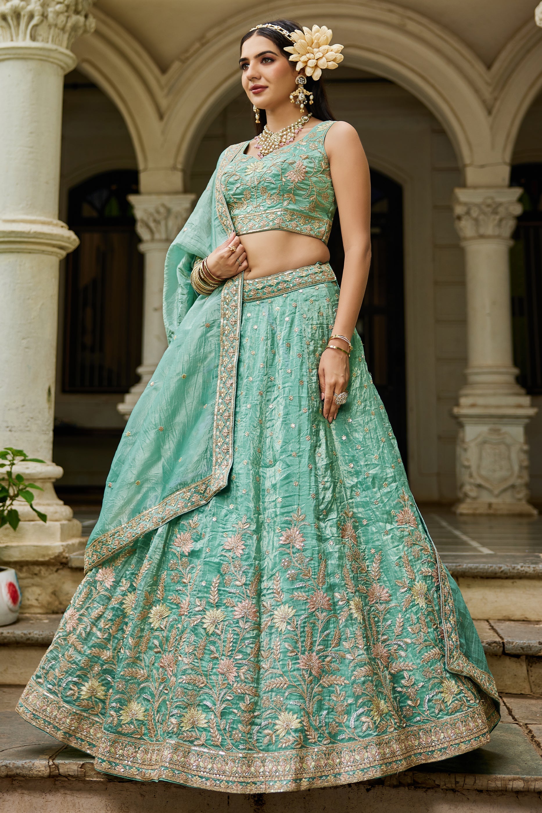 Sea Green Readymade Embroidered Tissue Silk Lehenga-SAR10073_4_SareeButa.com