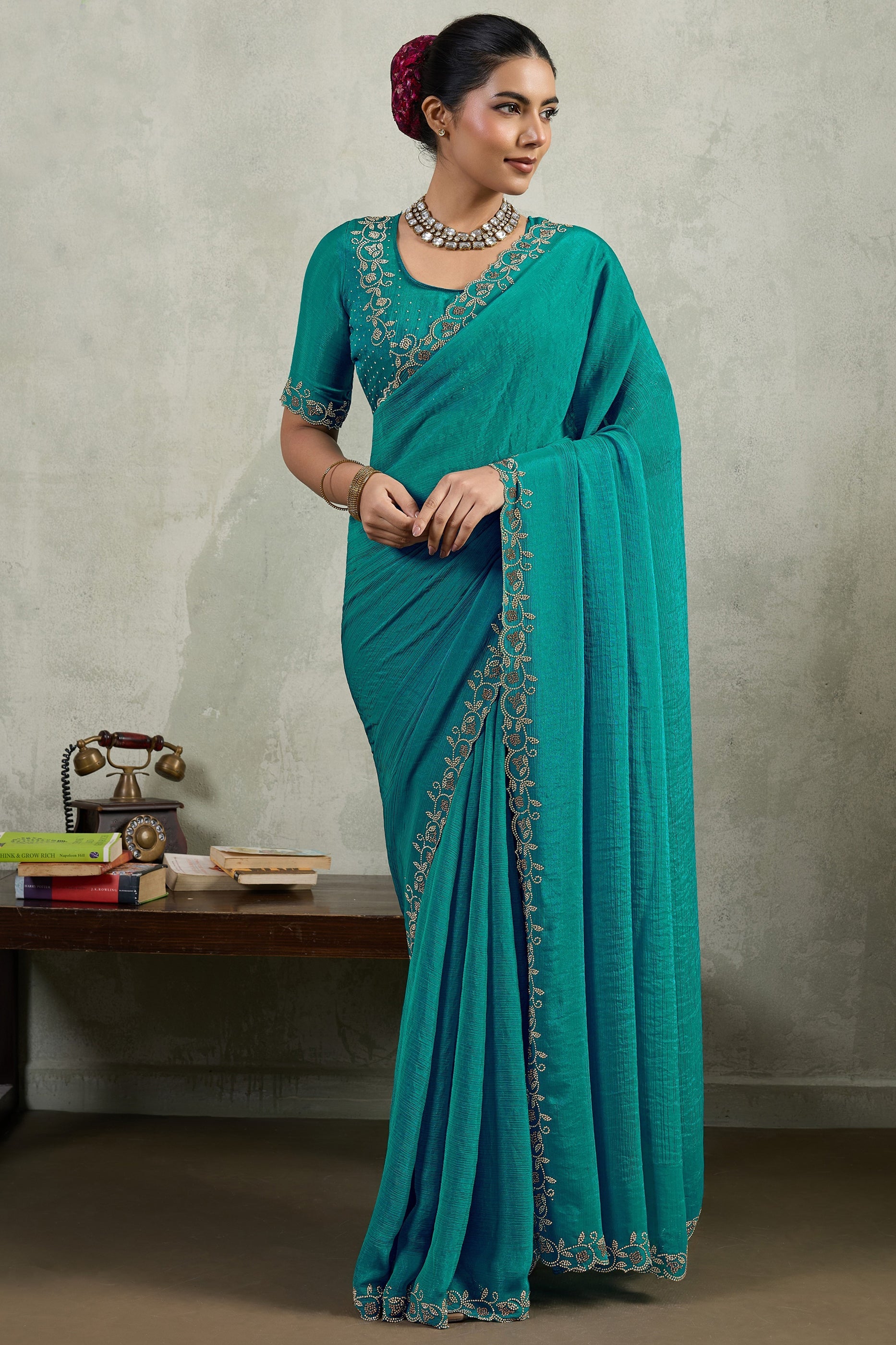 Sea Green Stone Work Chiffon Saree-SAR10418_1_SareeButa.com