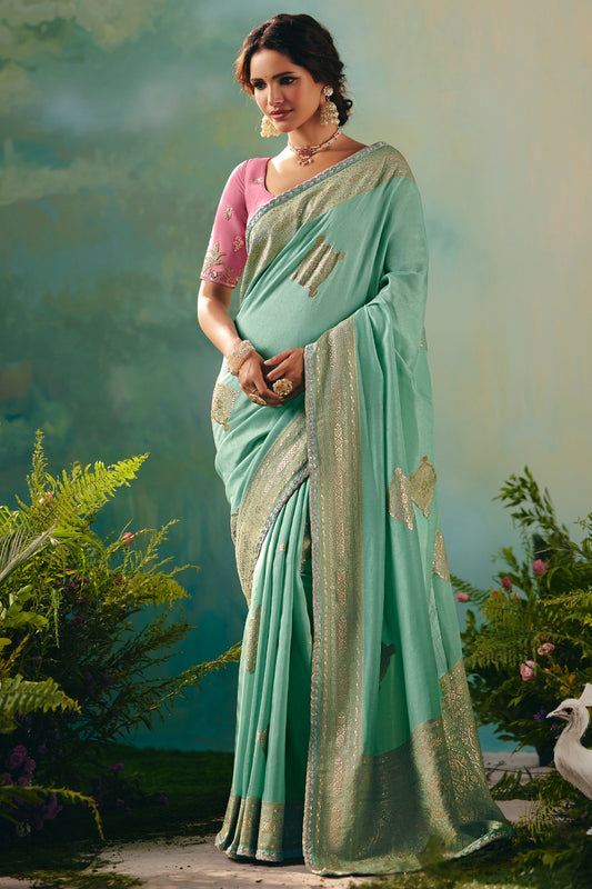 Sea Green Woven Viscose Silk Banarasi Saree-SAR10575_1_SareeButa.com