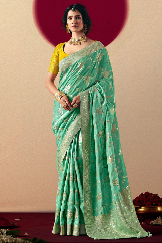 Sea Green Woven Viscose Silk Saree With Brocade Blouse-SAR10250_1_SareeButa.com