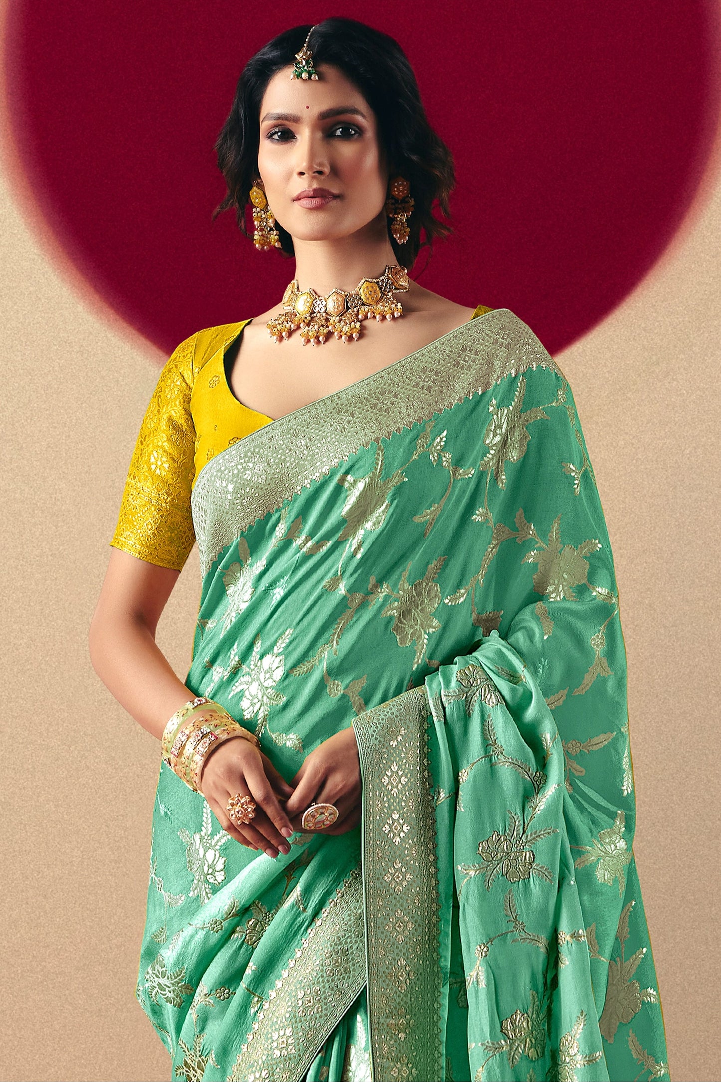 Sea Green Woven Viscose Silk Saree With Brocade Blouse-SAR10250_3_SareeButa.com