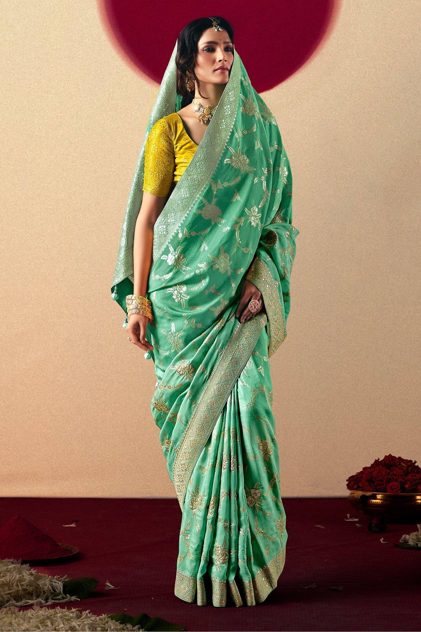 Sea Green Woven Viscose Silk Saree With Brocade Blouse-SAR10250_4_SareeButa.com