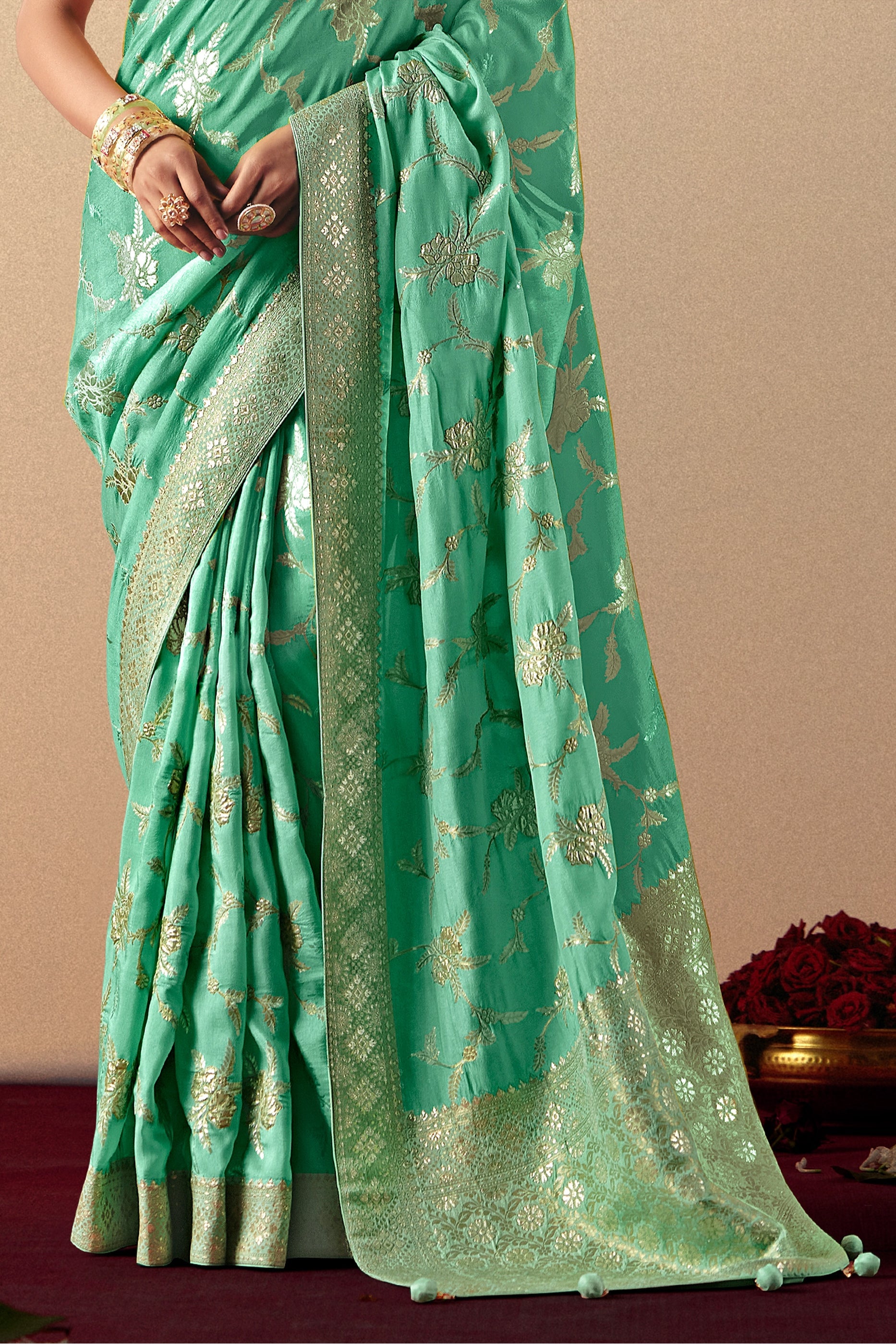Sea Green Woven Viscose Silk Saree With Brocade Blouse-SAR10250_5_SareeButa.com
