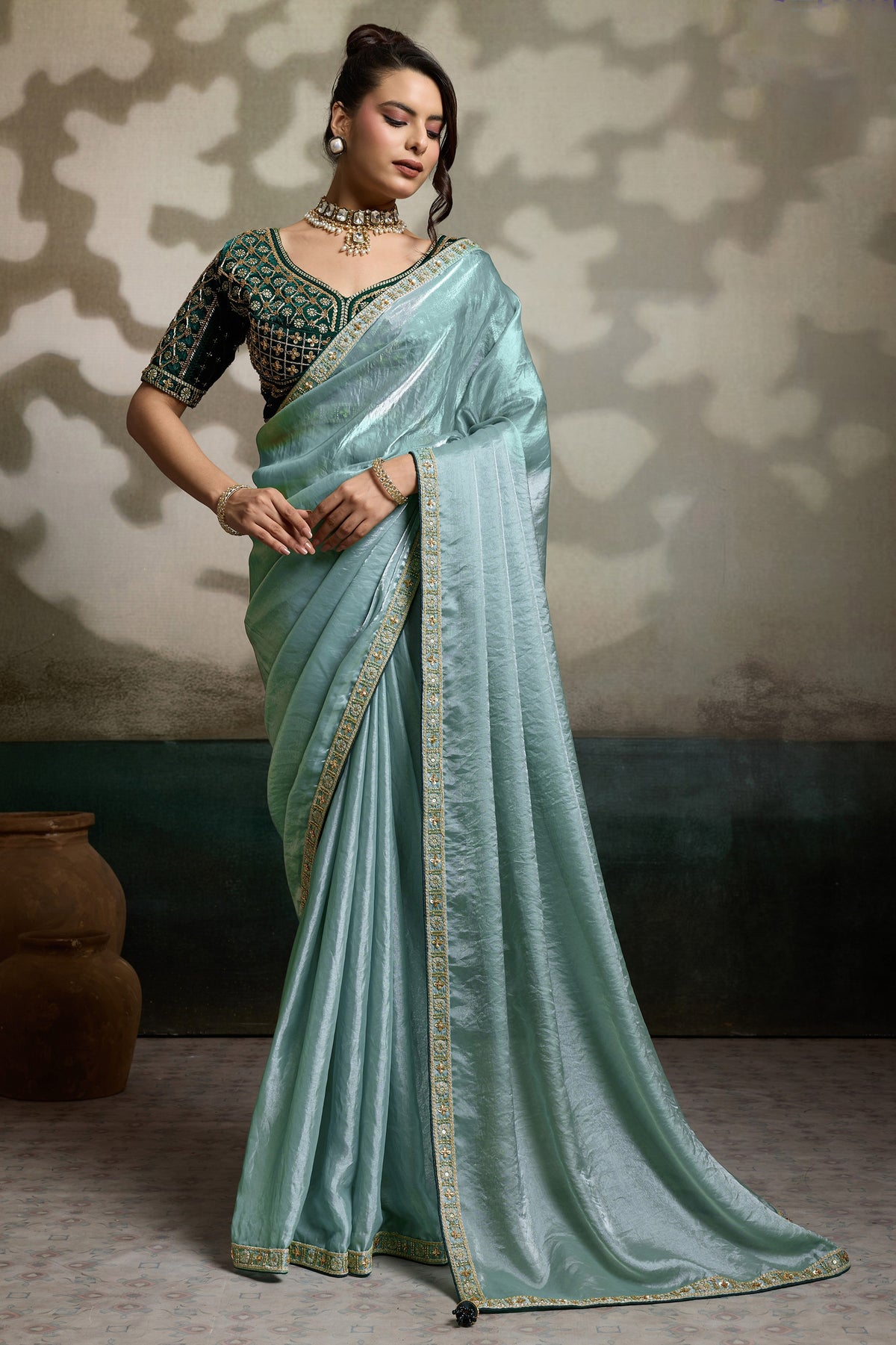 Seafoam Green Velvet Satin Saree With Readymade Blouse-SAR12907_1_SareeButa.com