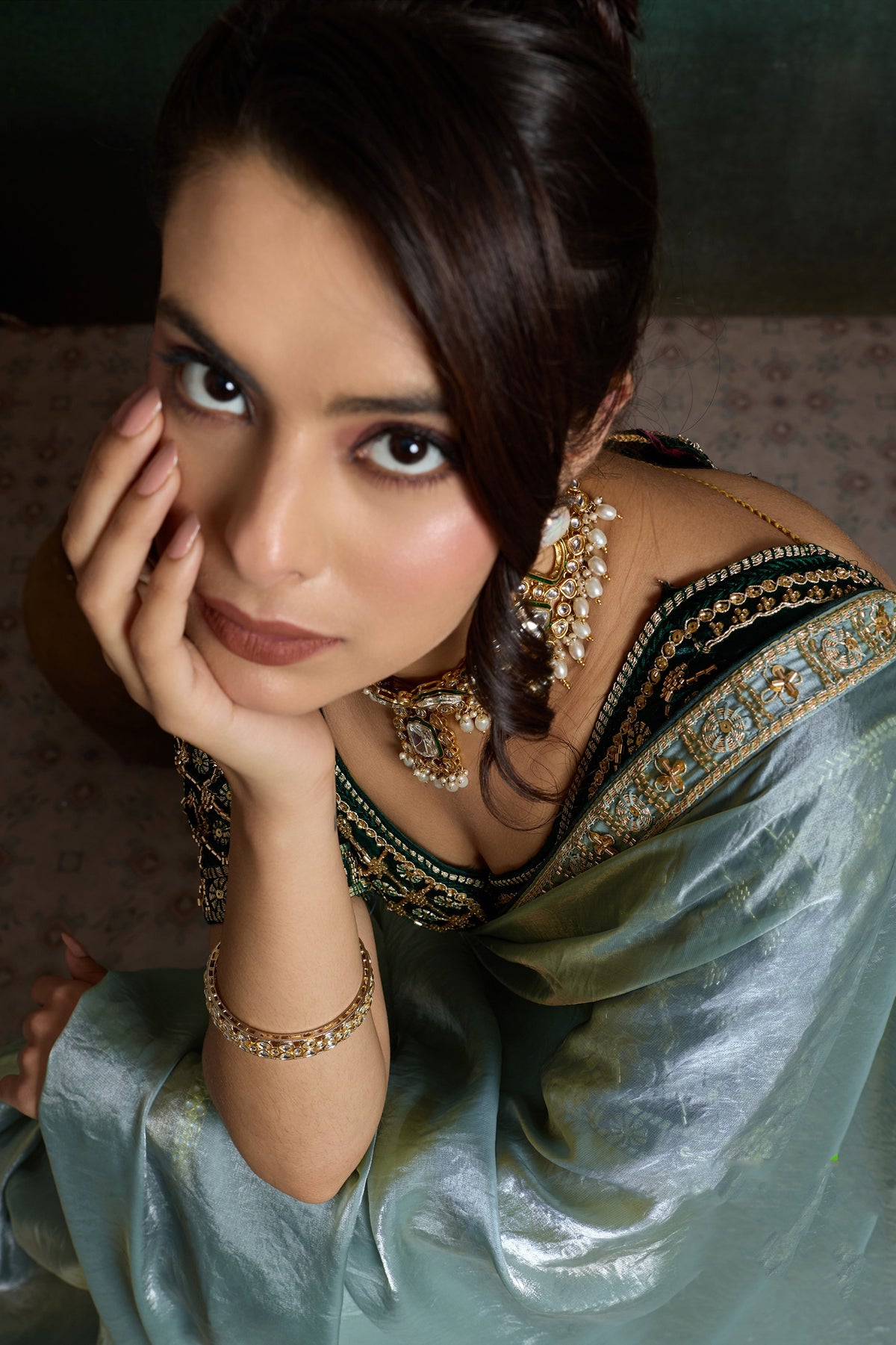 Seafoam Green Velvet Satin Saree With Readymade Blouse-SAR12907_2_SareeButa.com