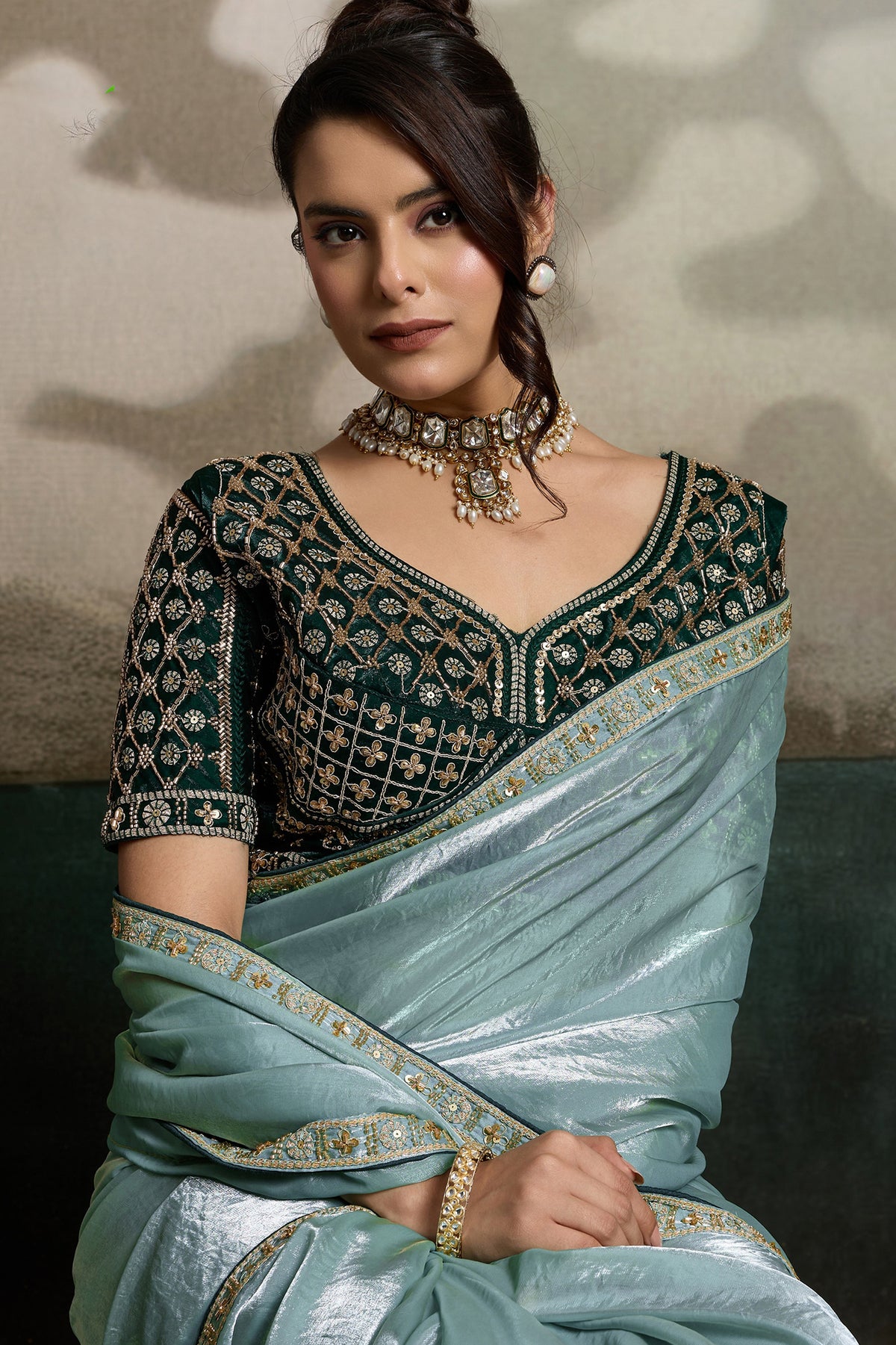 Seafoam Green Velvet Satin Saree With Readymade Blouse-SAR12907_3_SareeButa.com