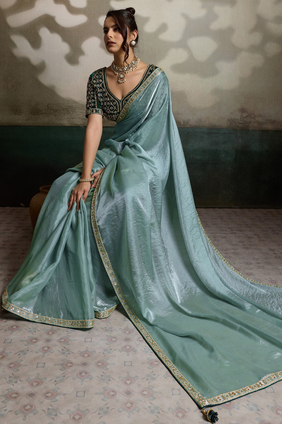 Seafoam Green Velvet Satin Saree With Readymade Blouse-SAR12907_4_SareeButa.com