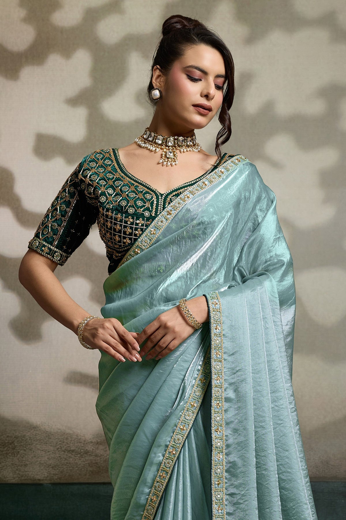 Seafoam Green Velvet Satin Saree With Readymade Blouse-SAR12907_5_SareeButa.com