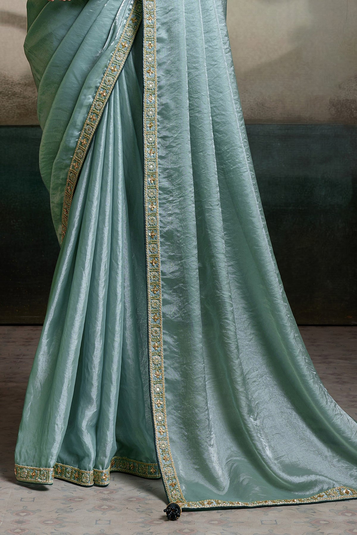 Seafoam Green Velvet Satin Saree With Readymade Blouse-SAR12907_6_SareeButa.com