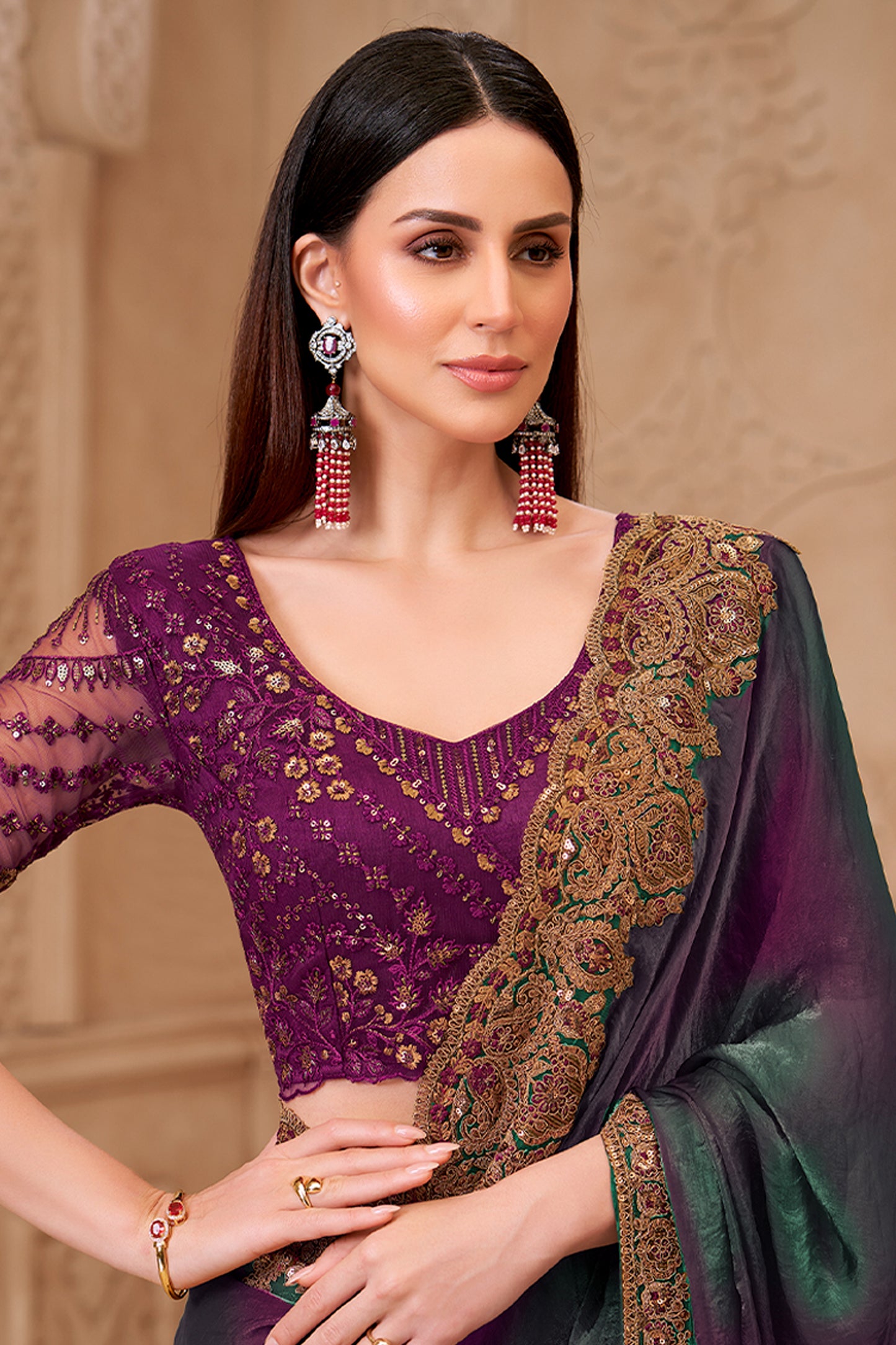 Shaded Green Embroidered Satin Georgette Saree-SAR12475_3_SareeButa.com