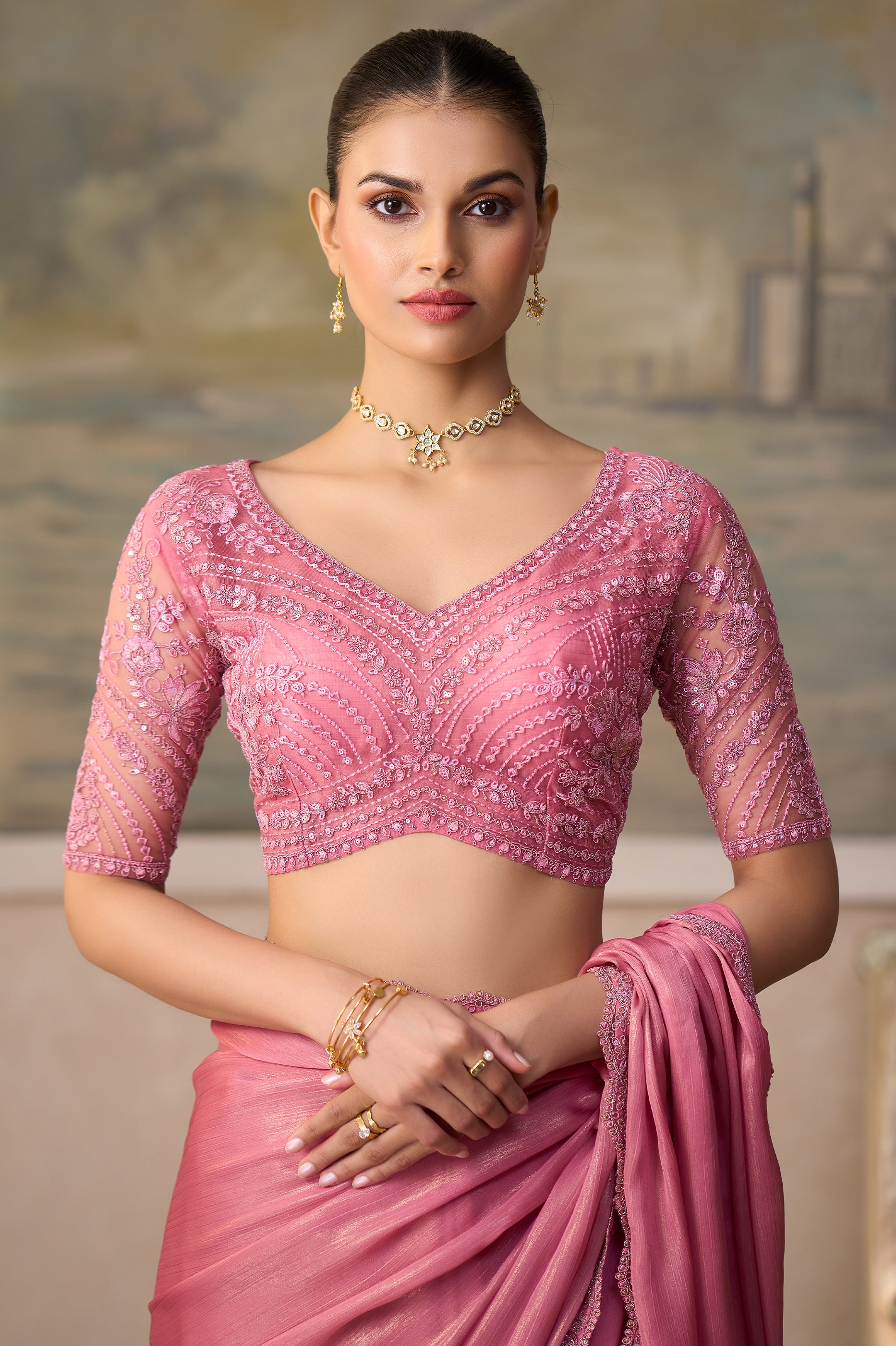 Shimmer Pink Embroidered Chiffon Saree-SAR13172_3_SareeButa.com