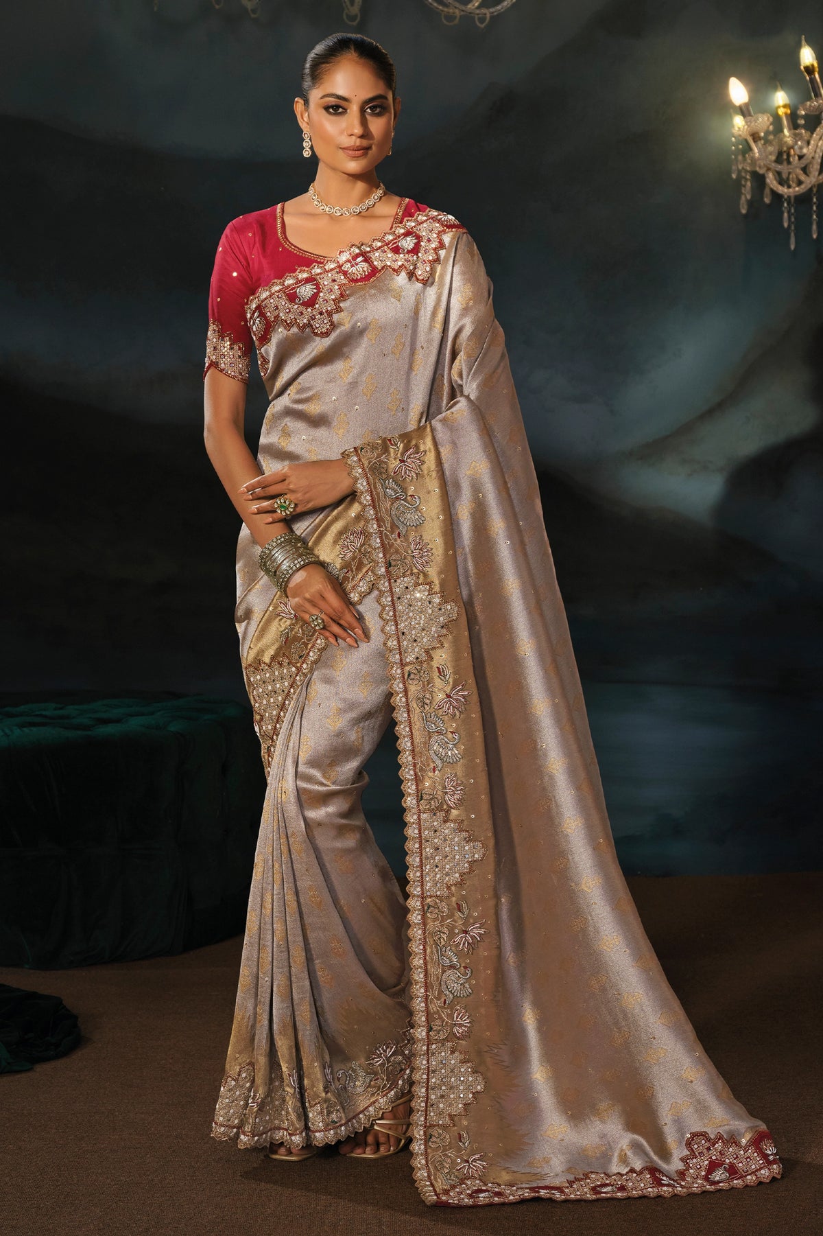 Silver Beige Embroidered Silk Saree-SAR13269_1_SareeButa.com