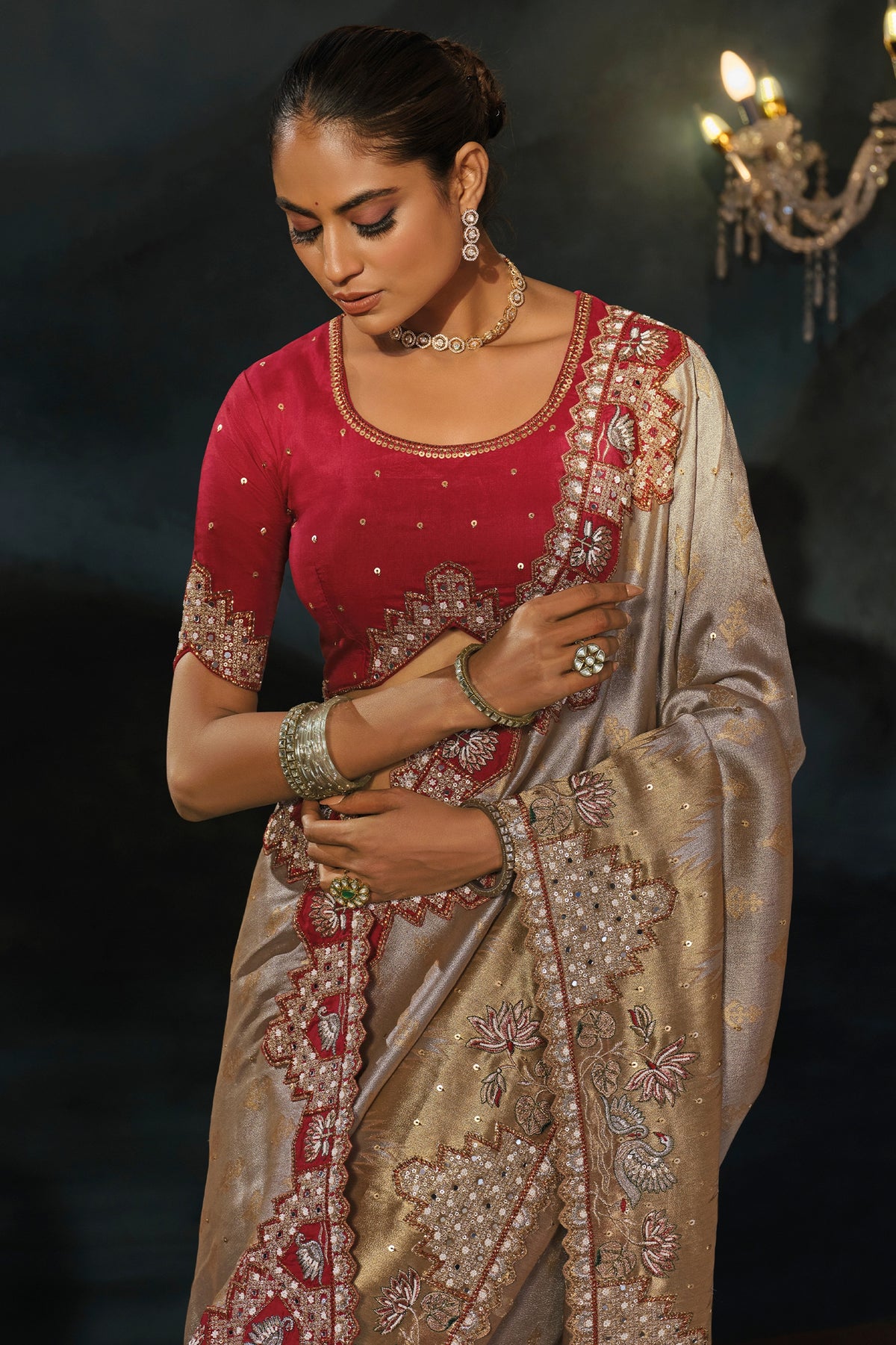 Silver Beige Embroidered Silk Saree-SAR13269_2_SareeButa.com