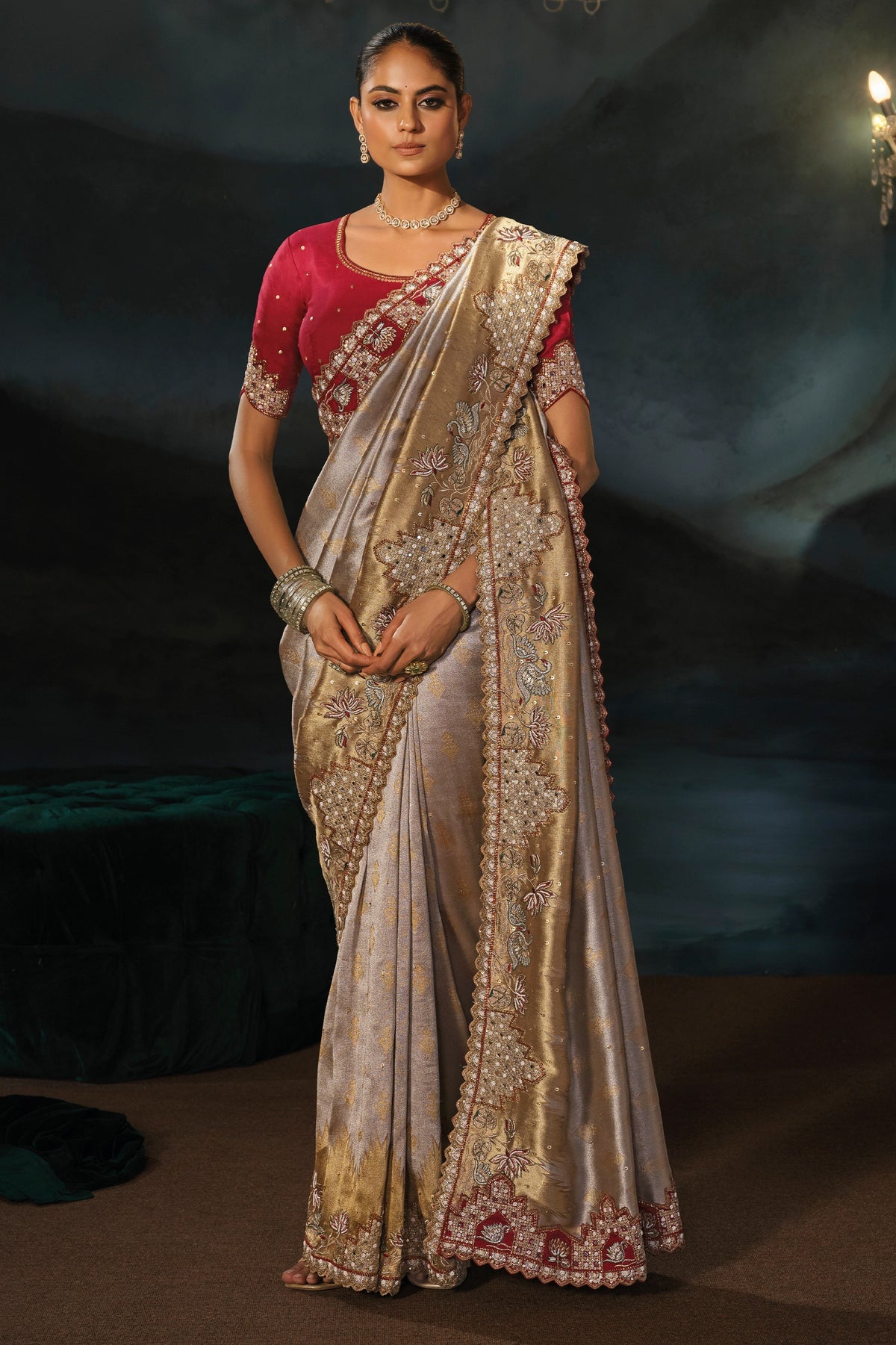 Silver Beige Embroidered Silk Saree-SAR13269_4_SareeButa.com