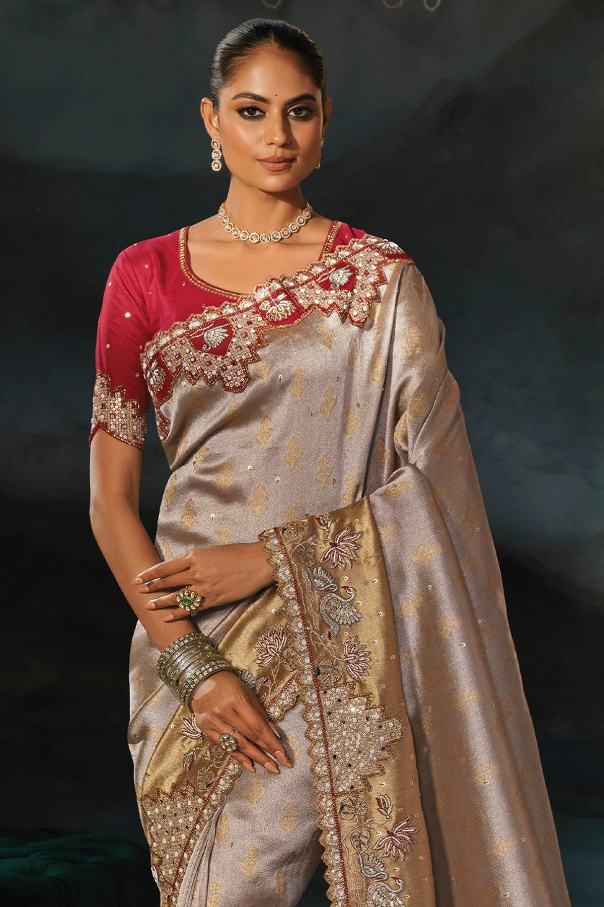 Silver Beige Embroidered Silk Saree-SAR13269_5_SareeButa.com