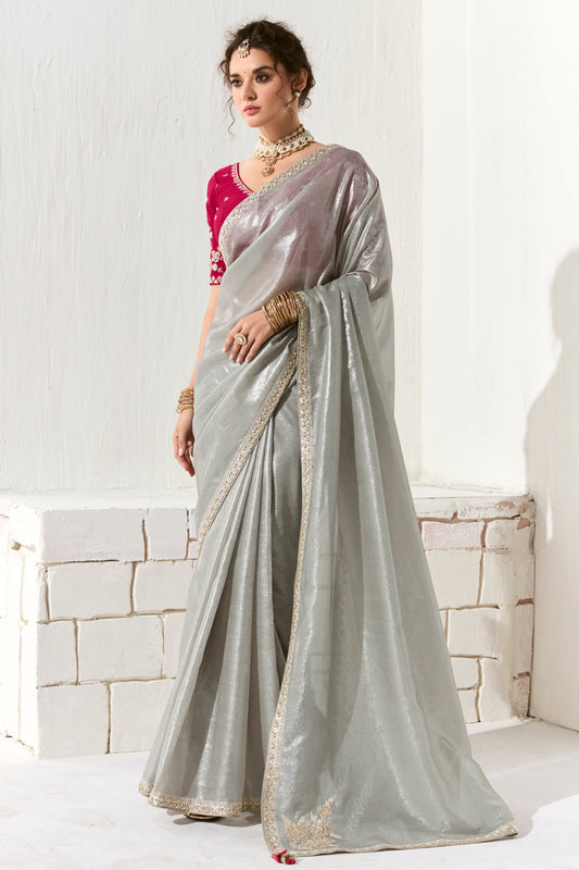 Silver Grey Embroidered Organza Tissue Saree-ZB134749_1_SareeButa.com