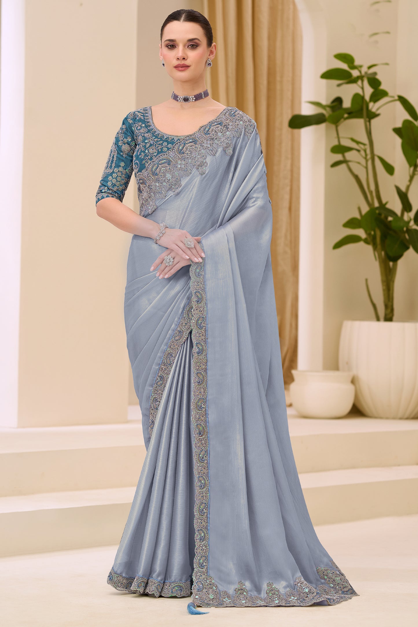 Silver Grey Embroidered Satin Saree-SAR12445_1_SareeButa.com