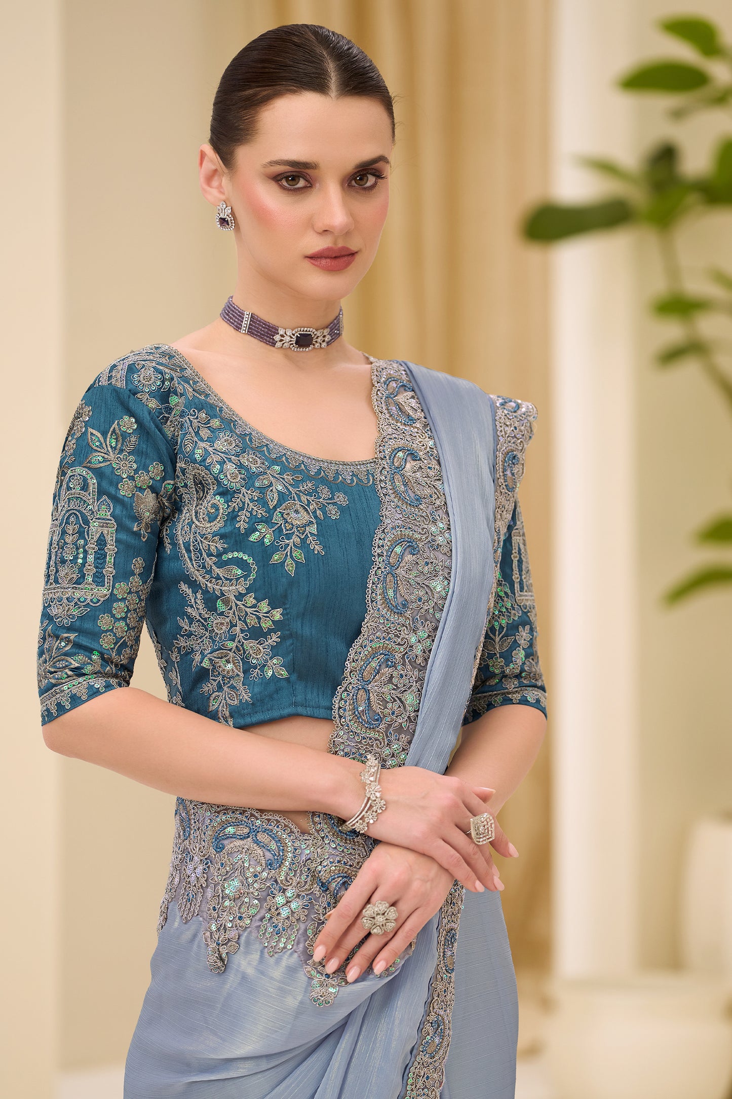 Silver Grey Embroidered Satin Saree-SAR12445_2_SareeButa.com