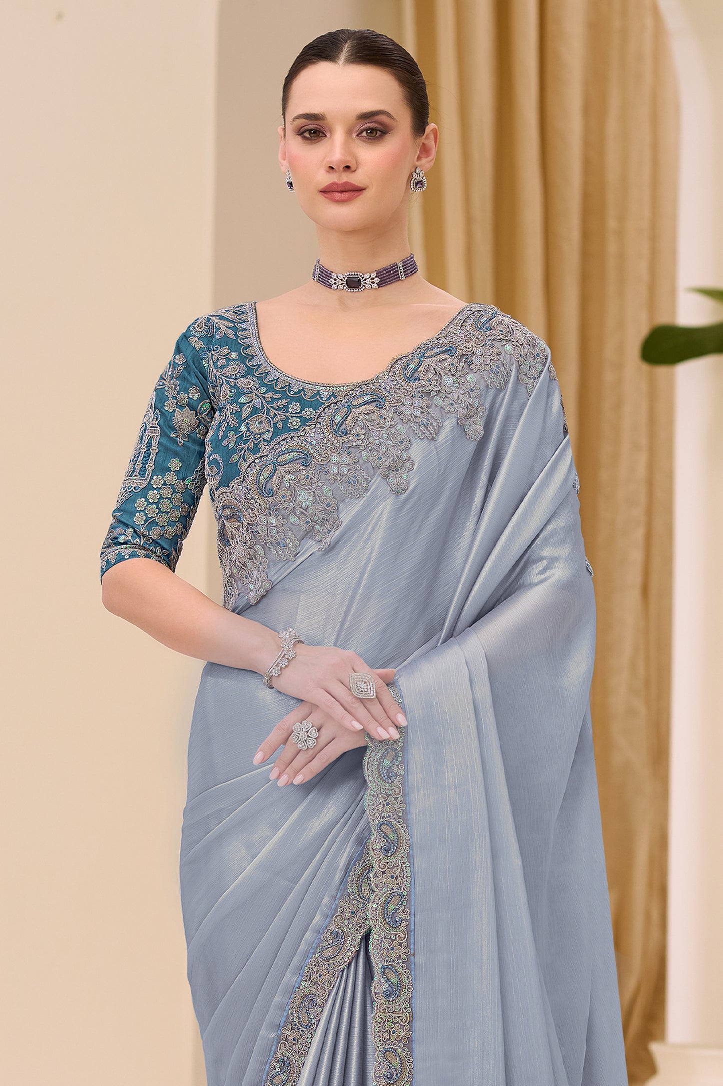 Silver Grey Embroidered Satin Saree-SAR12445_5_SareeButa.com