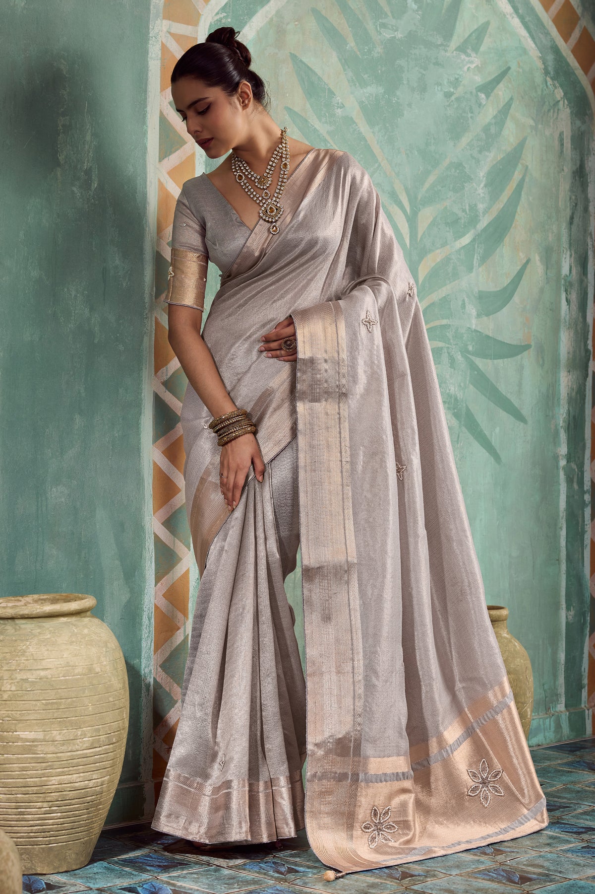 Silver Grey Embroidered Tissue Cotton Saree-SAR12938_1_SareeButa.com