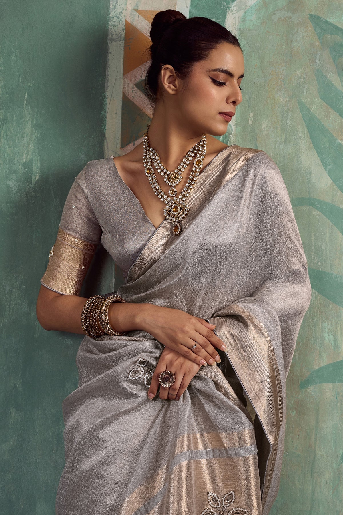Silver Grey Embroidered Tissue Cotton Saree-SAR12938_2_SareeButa.com