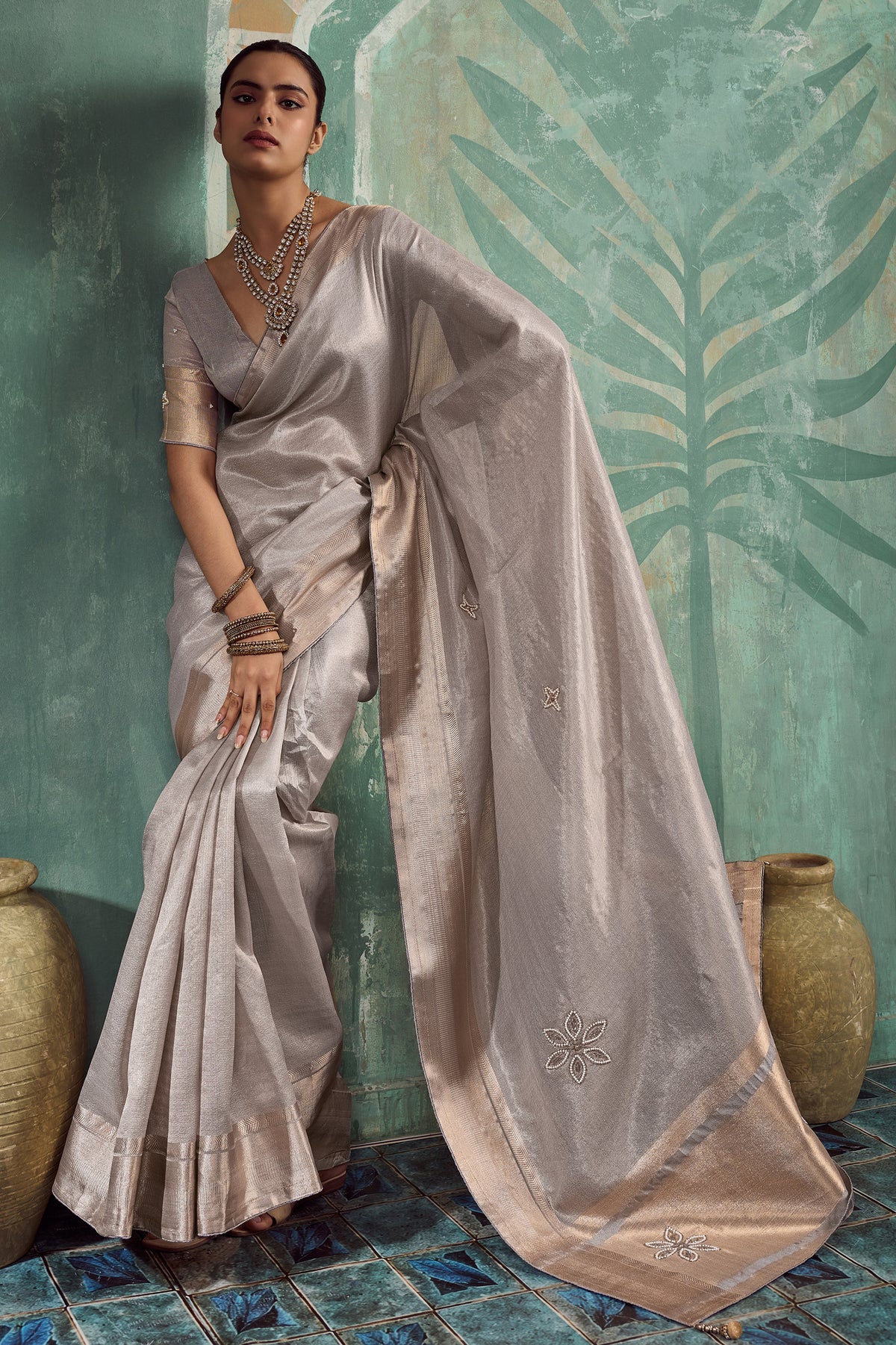 Silver Grey Embroidered Tissue Cotton Saree-SAR12938_4_SareeButa.com