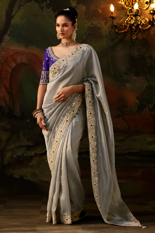 Silver Grey Embroidered Viscose Tissue Saree-SAR13253_1_SareeButa.com