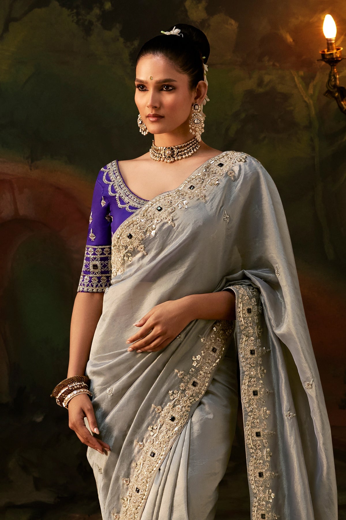 Silver Grey Embroidered Viscose Tissue Saree-SAR13253_3_SareeButa.com