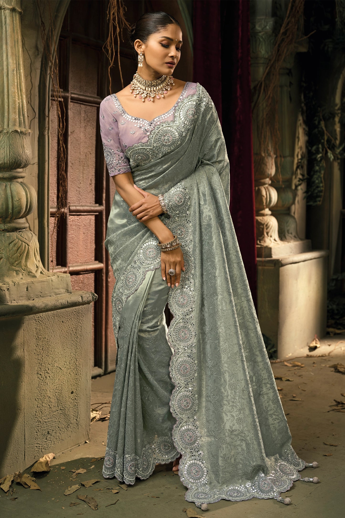 Silver Grey Lucknowi Kanjivaram Silk Saree-SAR12040_1_SareeButa.com