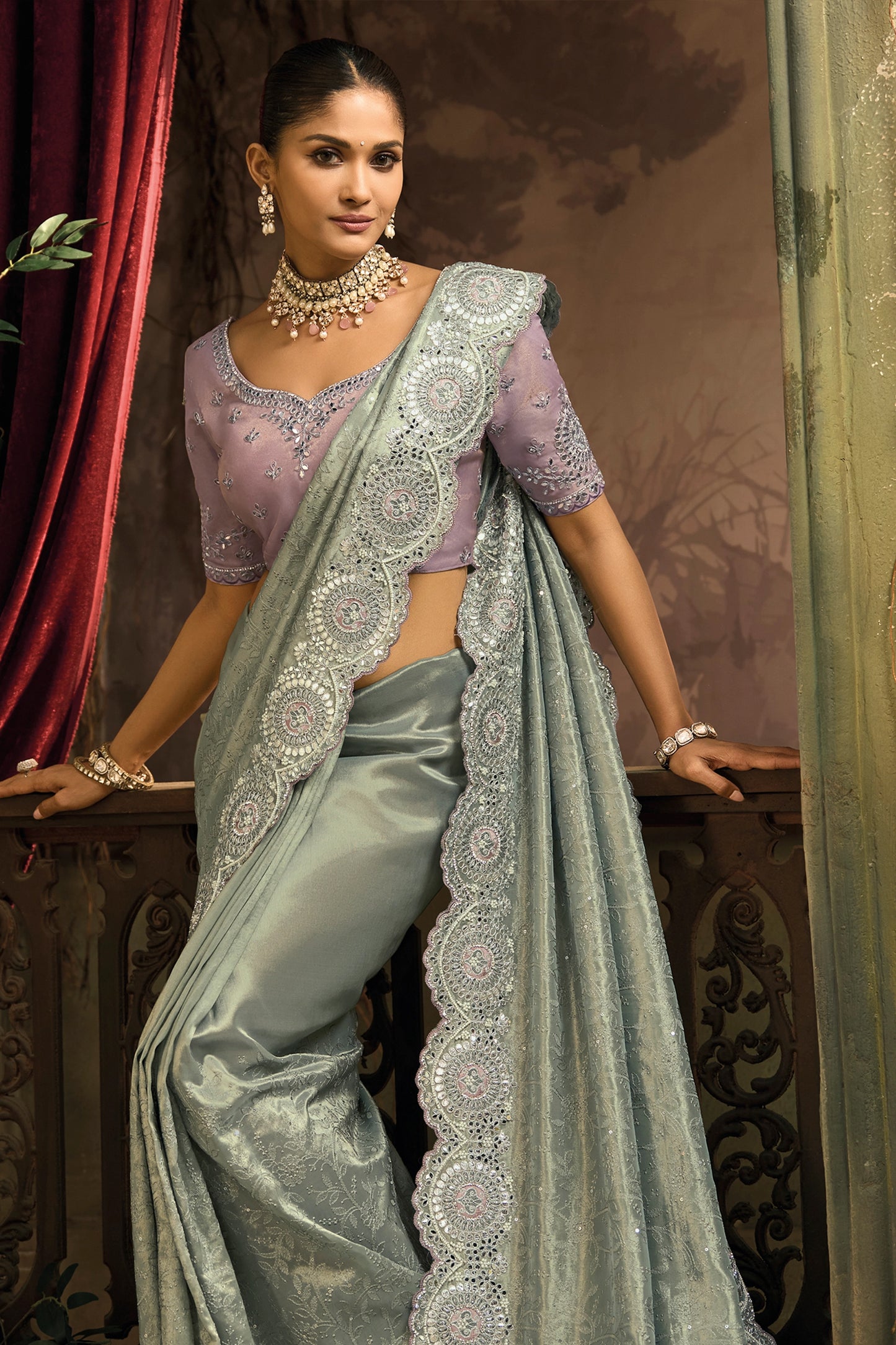 Silver Grey Lucknowi Kanjivaram Silk Saree-SAR12040_3_SareeButa.com