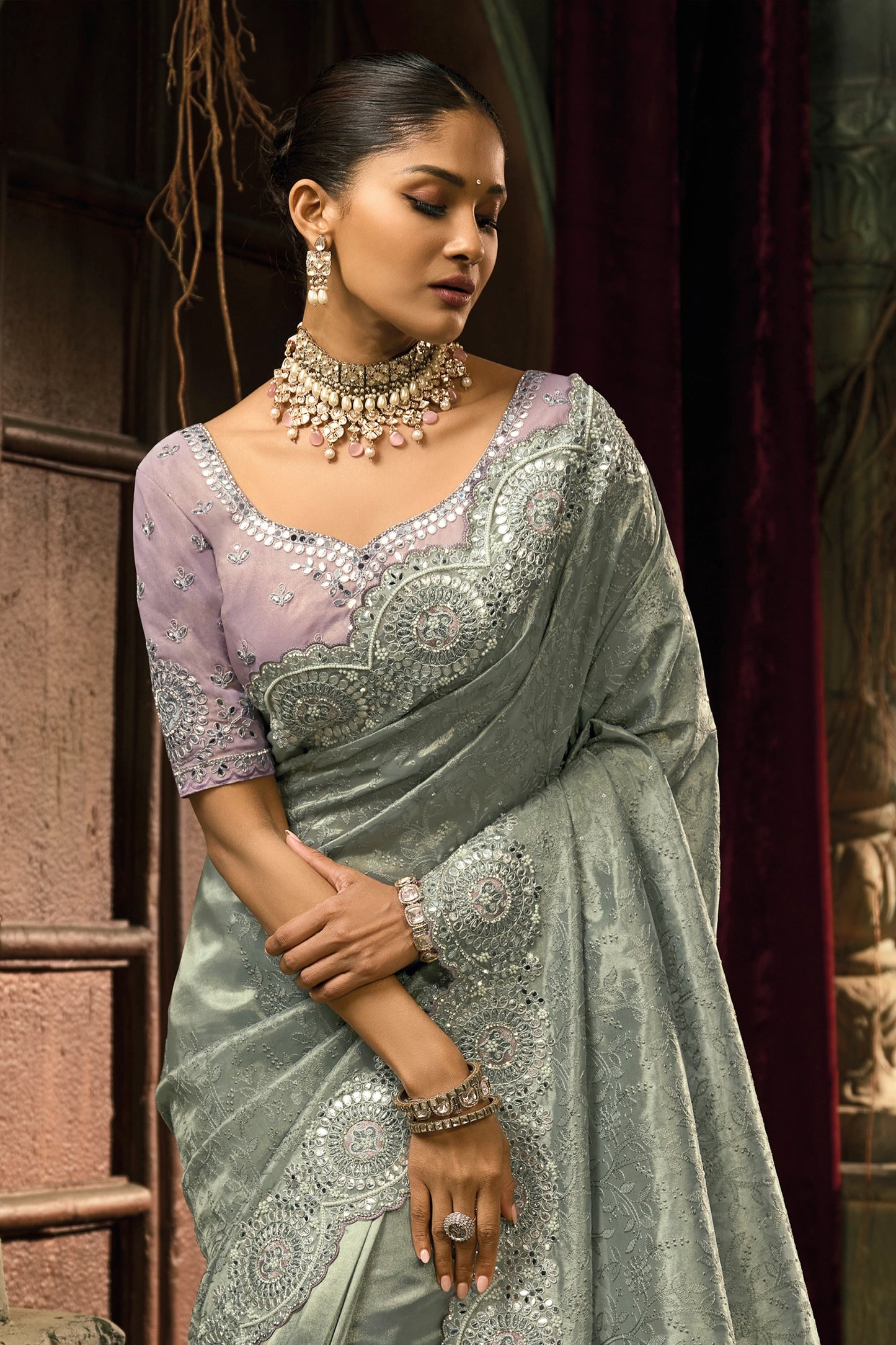 Silver Grey Lucknowi Kanjivaram Silk Saree-SAR12040_4_SareeButa.com