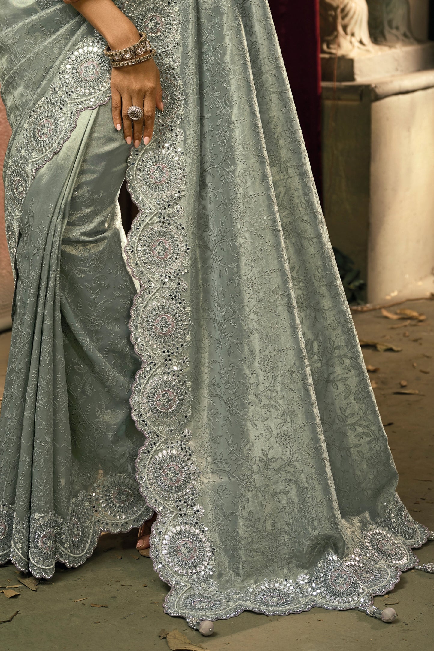 Silver Grey Lucknowi Kanjivaram Silk Saree-SAR12040_5_SareeButa.com