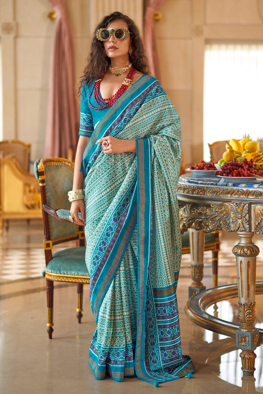 Sky Blue Printed Silk Saree-SAR11347_1_SareeButa.com