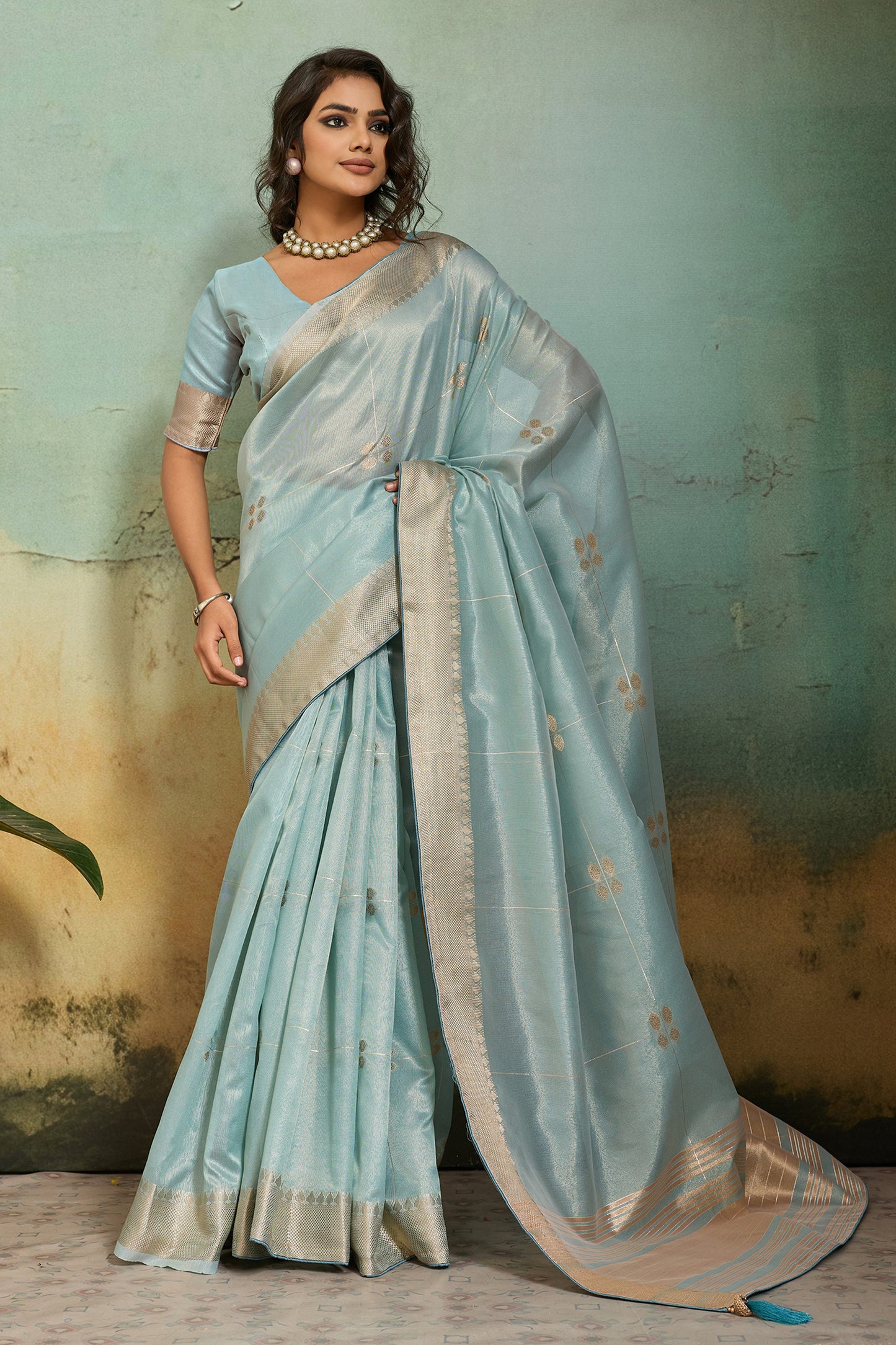 Sky Blue Tissue Linen Saree