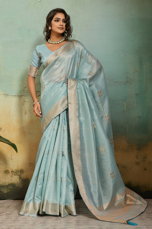 Sky Blue Tissue Linen Saree