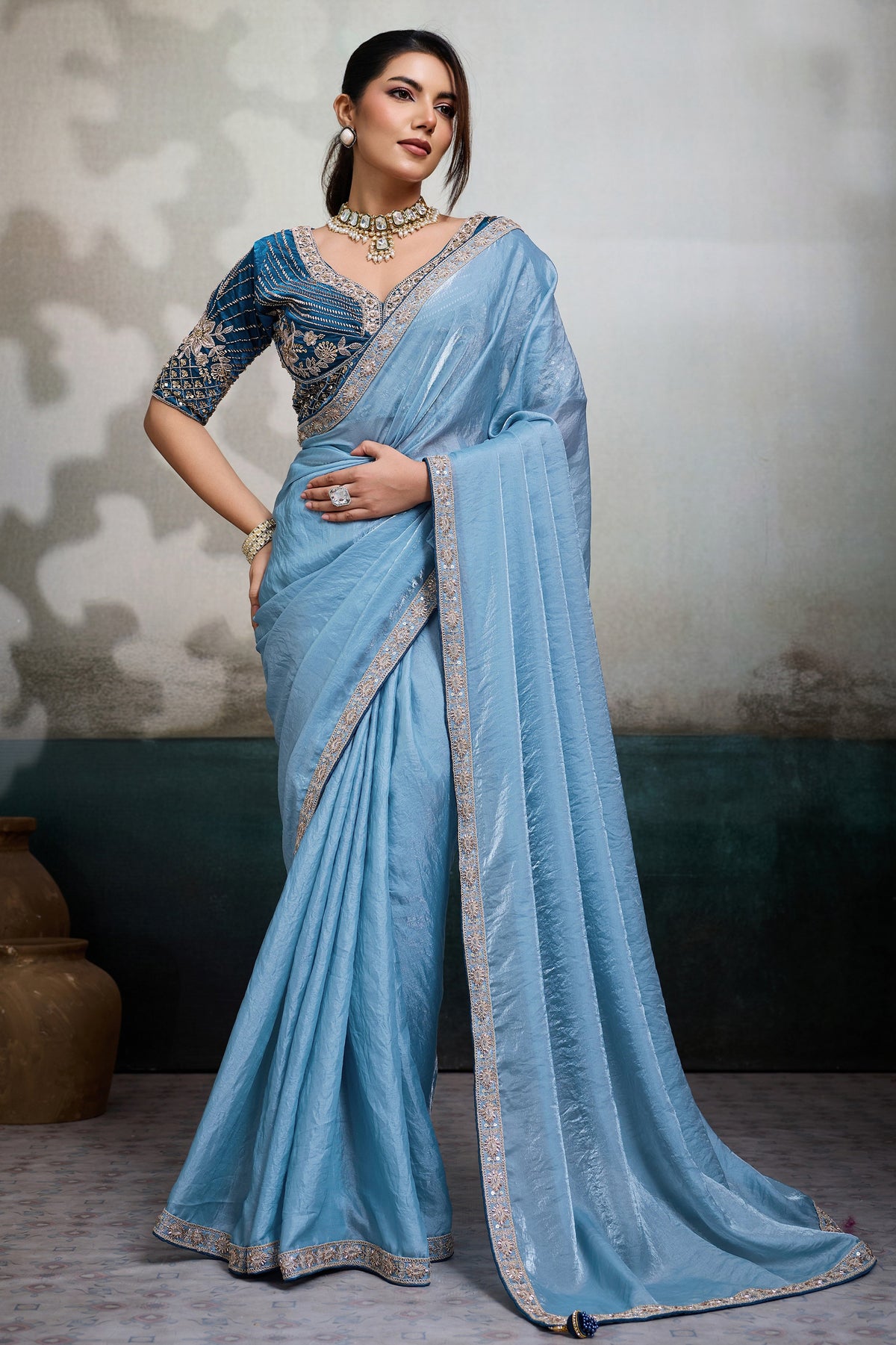 Sky Blue Velvet Satin Saree With Readymade Blouse-SAR12905_1_SareeButa.com
