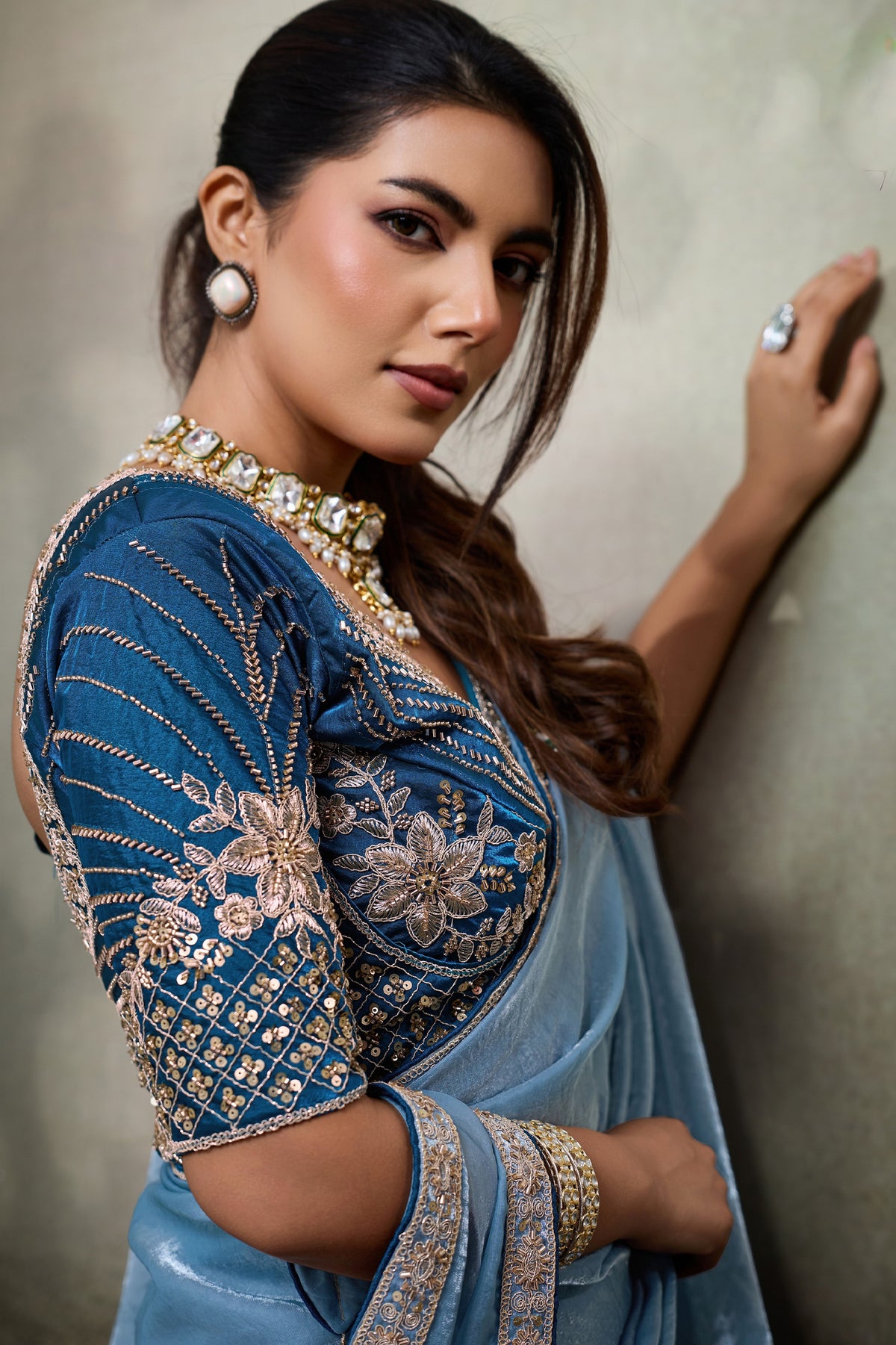 Sky Blue Velvet Satin Saree With Readymade Blouse-SAR12905_2_SareeButa.com